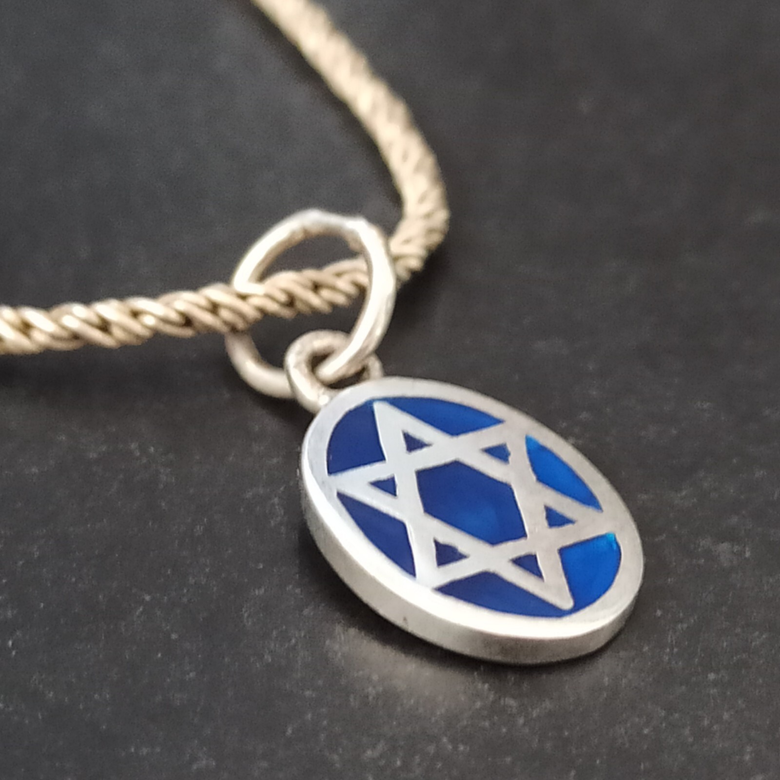 Star of David Necklace Silver Dark Blue Enamel Thick Chain Retro Classic Gift