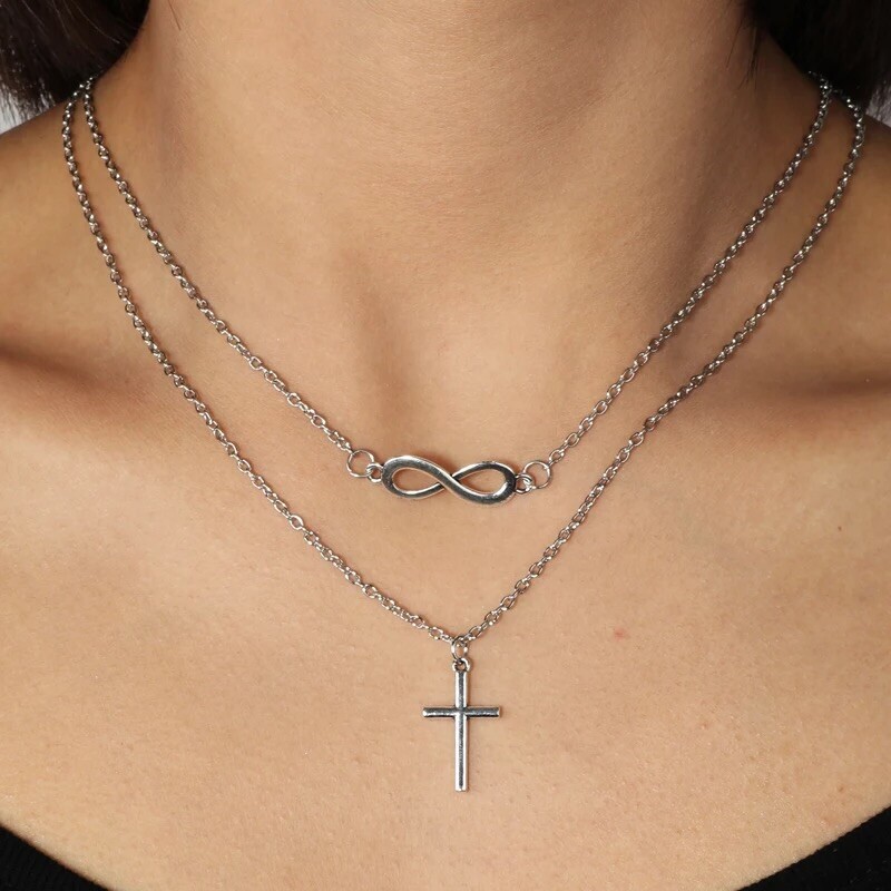 Women Infinity Cross Double Layered Pendant Necklace Silver or Gold Plated N52