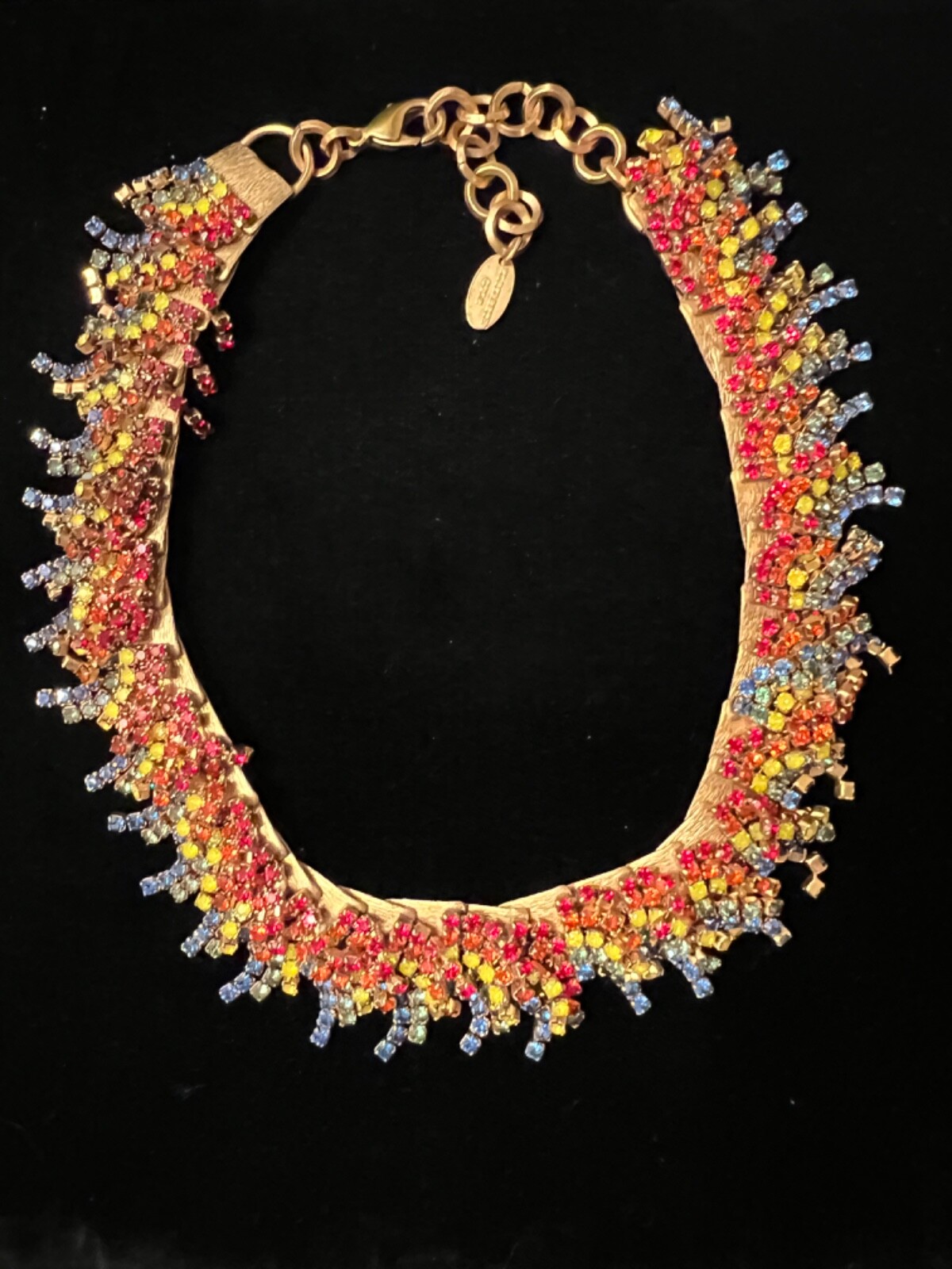 Elizabeth Cole Rainbow Multicolor Rhinestone Fringe Gold Choker Necklace