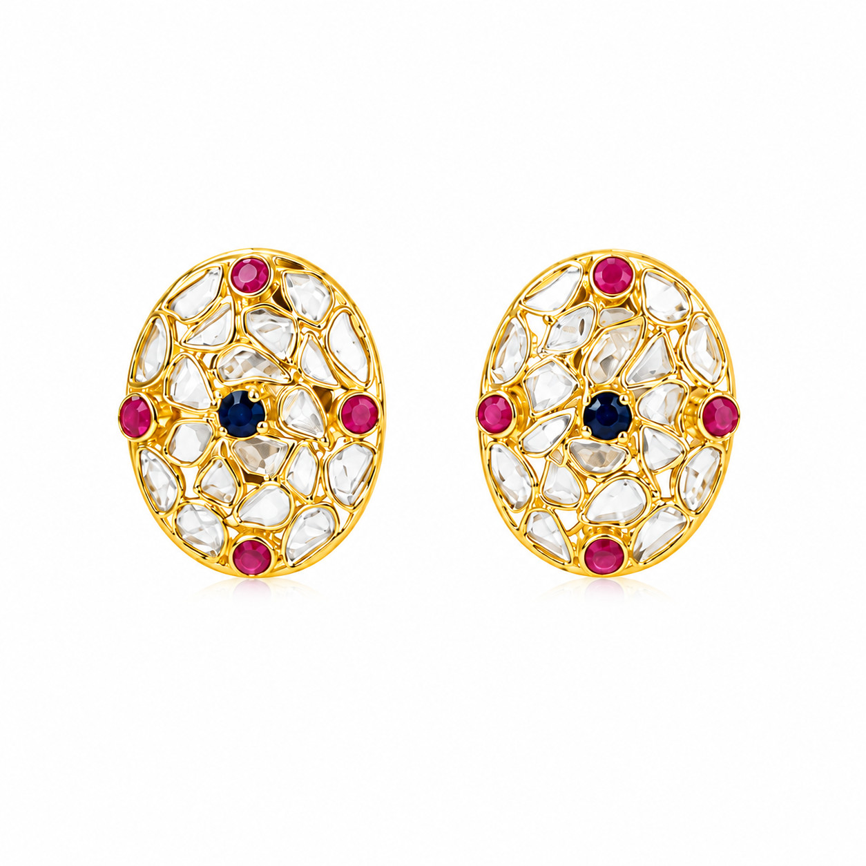Natural Polki Stud Earrings 925 Sterling Silver Handmade Bridal Wedding Gift