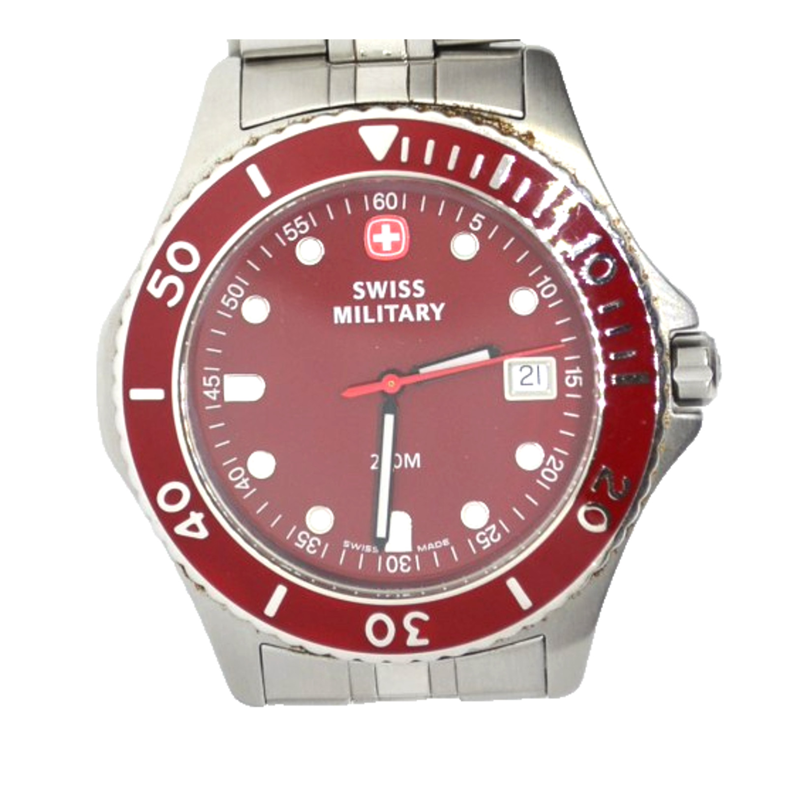 Swiss Military Mens Watch 095-1674 Red Dial Stainless Steel Quartz Fresh Battery