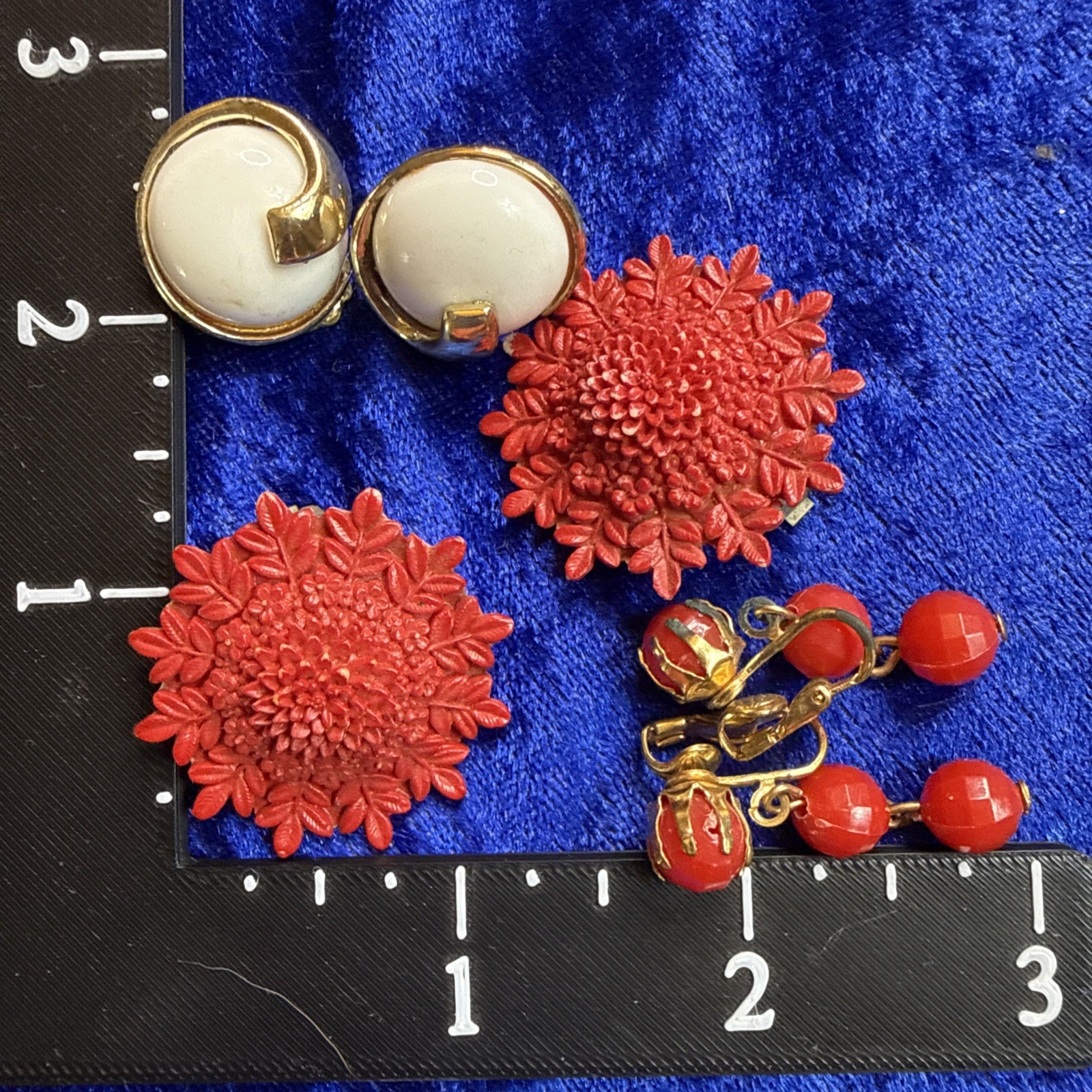 Vintage Clip On Earrings Lot of 3 Pairs Costume Jewelry Red White Mix Materials