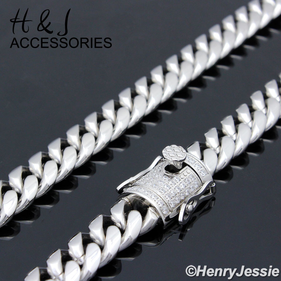 18-40″Stainless Steel 7/10/12/14mm Silver ICY CZ Miami Cuban Chain Necklace*158