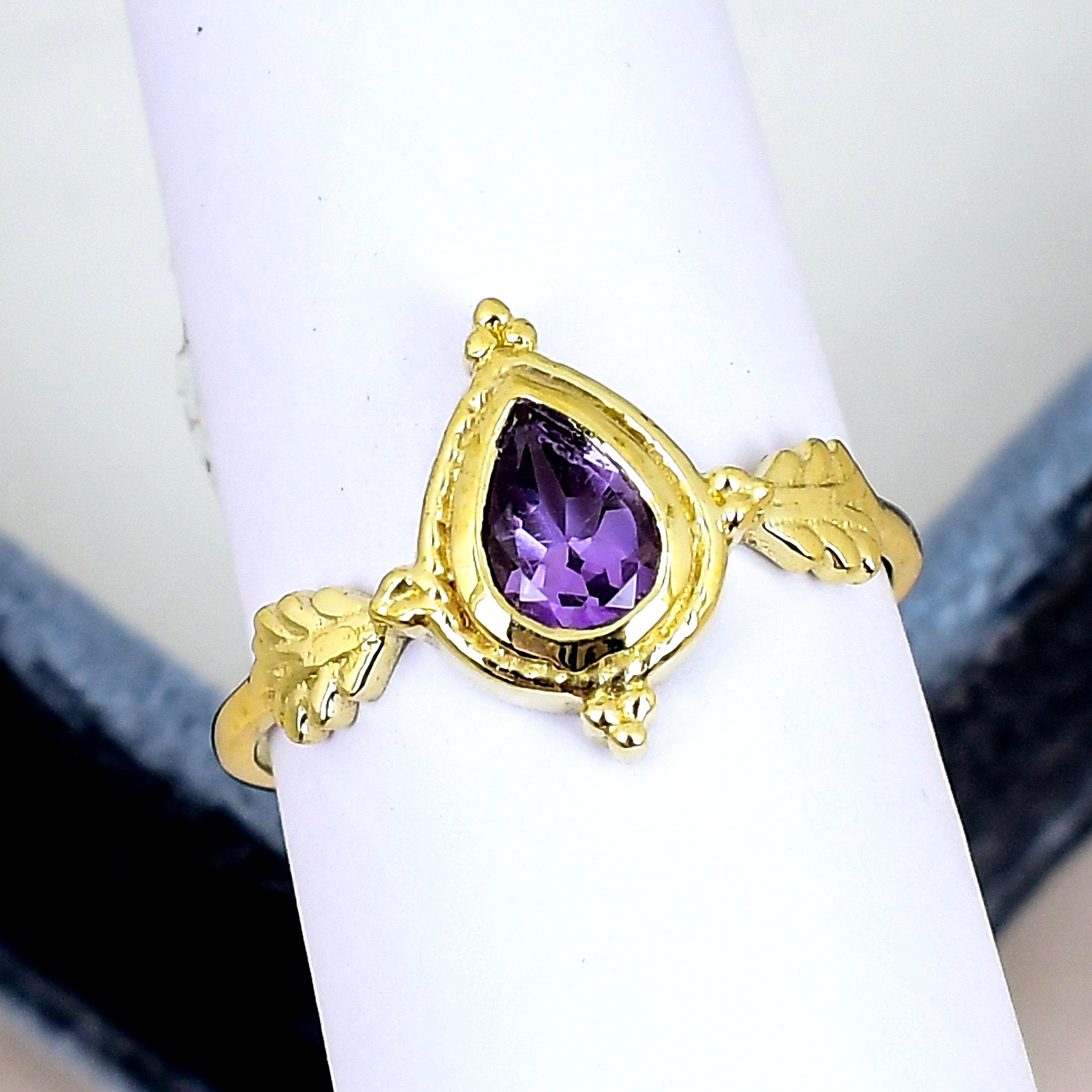 Amethyst Pear Ring 18K Gold Plated 5x7mm Purple Gemstone Nature Leaf Ring Gift