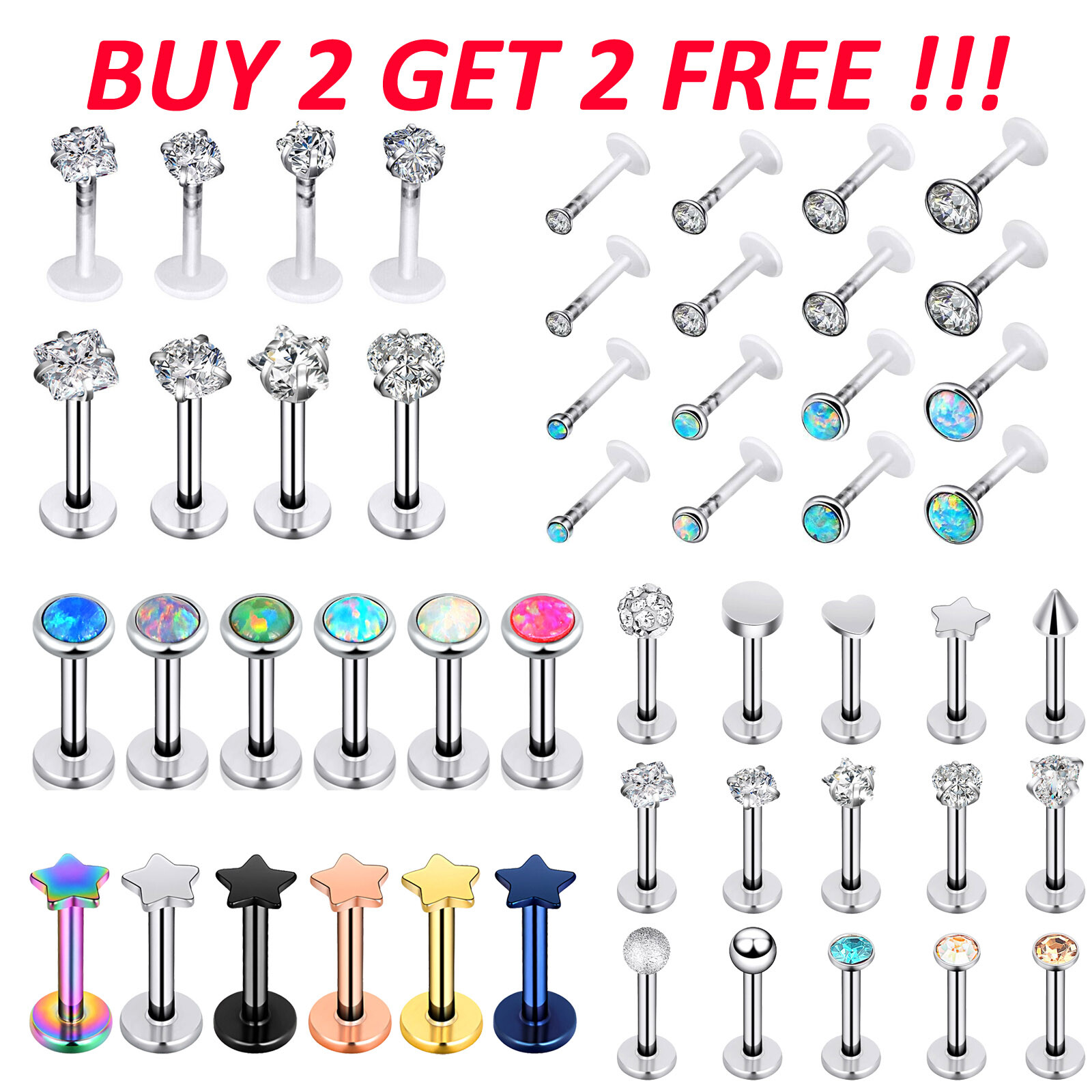 4-24PCS 16G Labret Lip Monroe Tragus Ring Stud Opal Gem Helix Piercing Jewelry