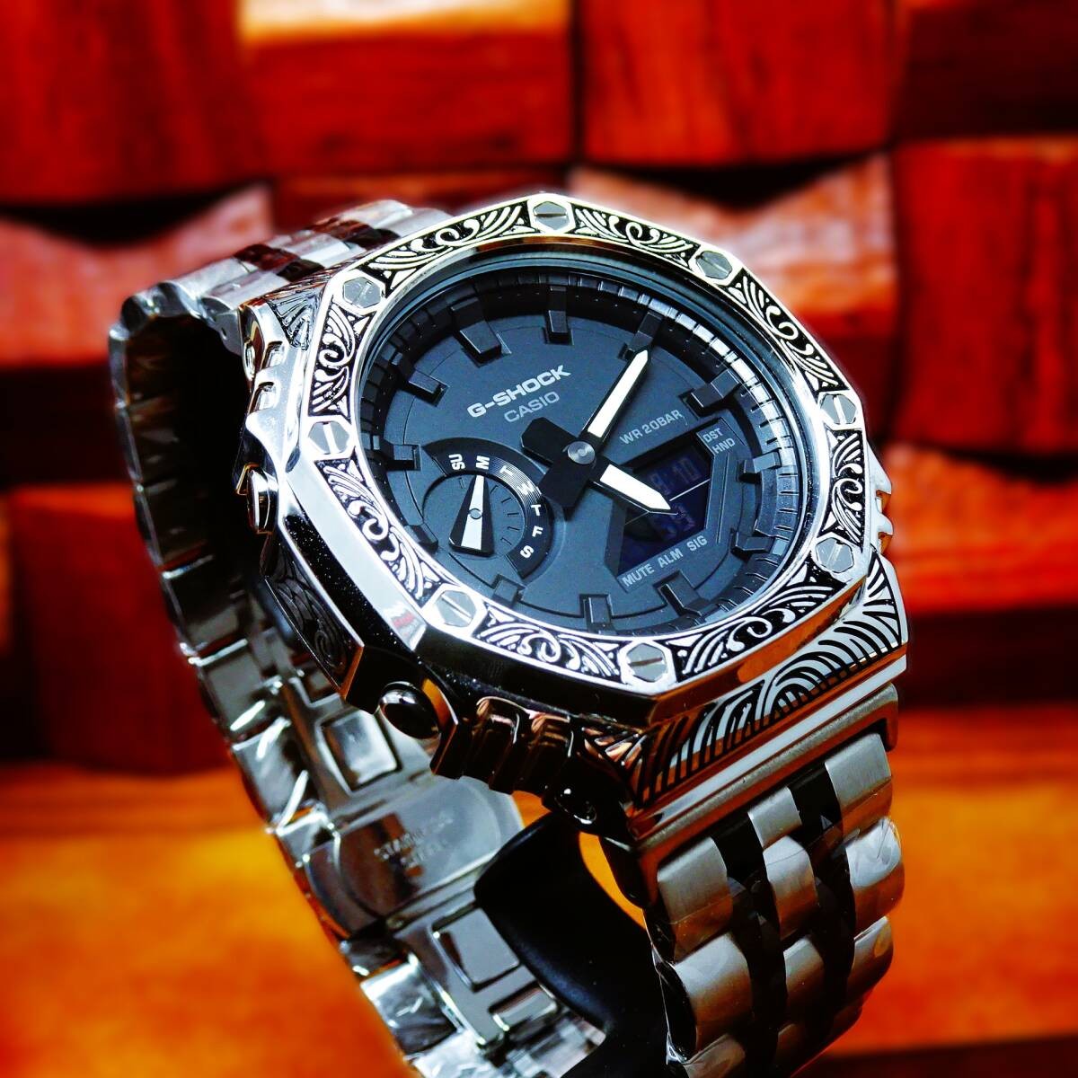 CUSTOM CASIO G-Shock GA-2100-7A Stainless Steel Venetian Pattern New item in Box