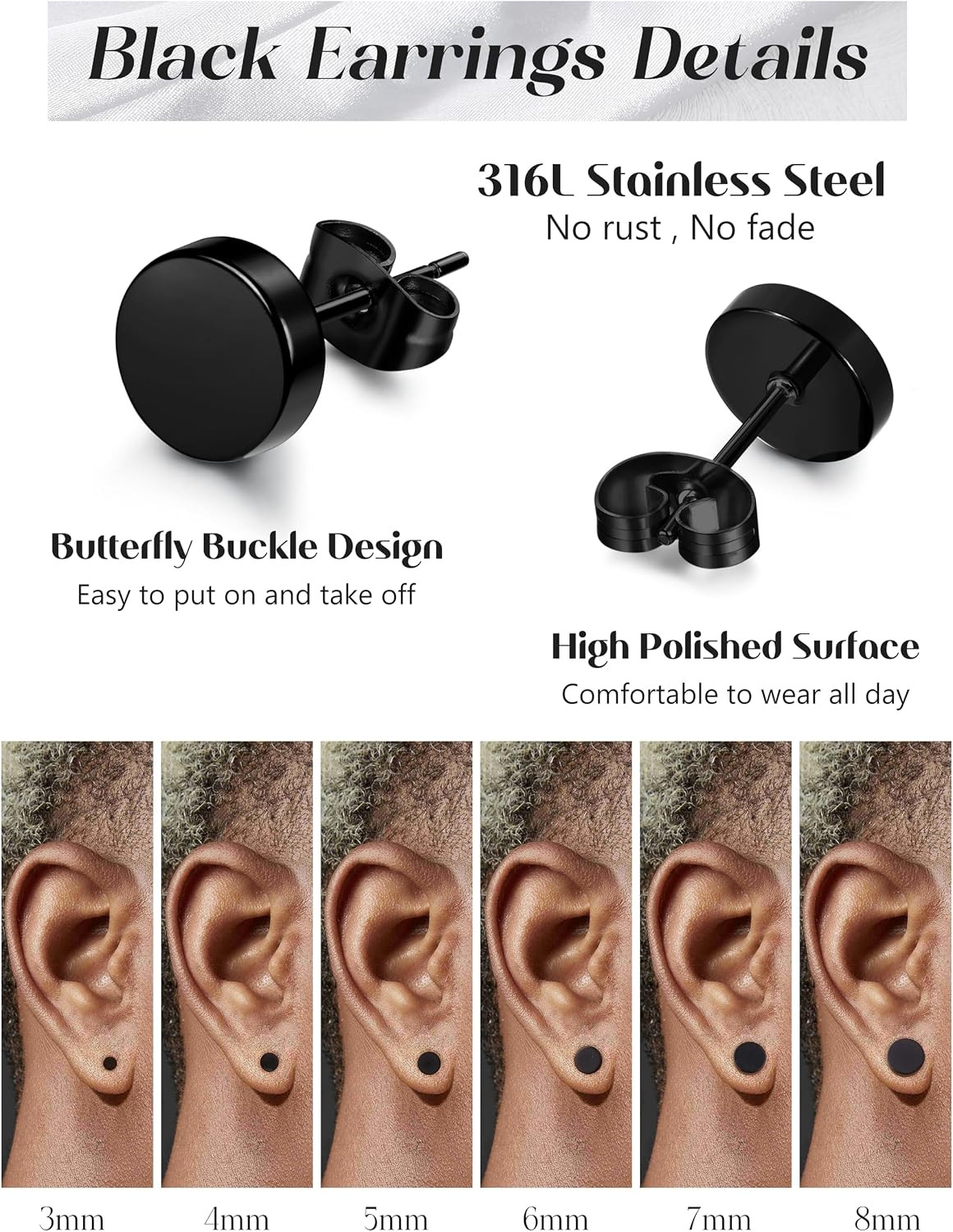 316L Surgical Steel Hypoallergenic Black Stud Earrings for Men Women, round Wate