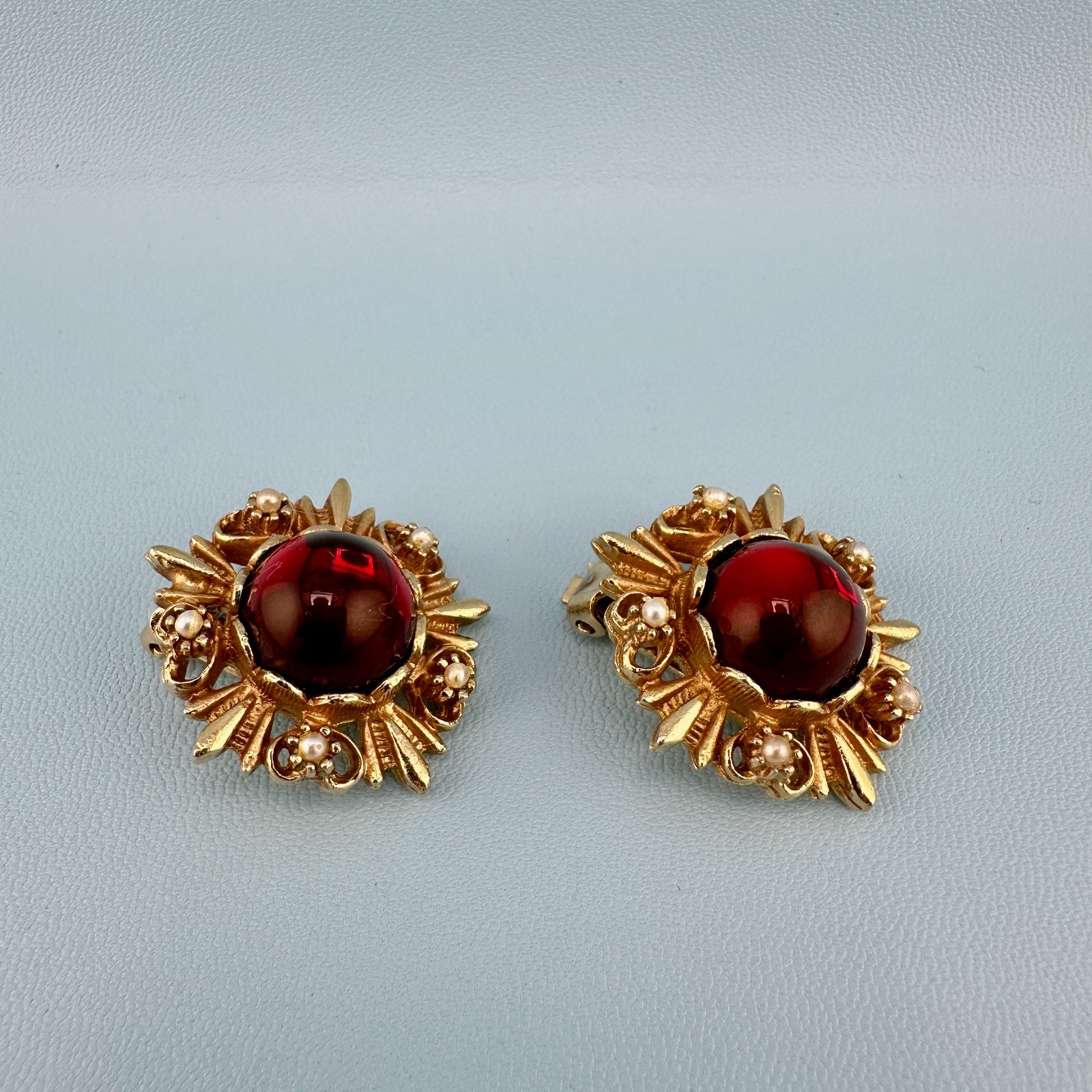 Vintage Clip On Earrings Red Glass Cabochon Gold Tone Faux Pearl Etruscan Rev