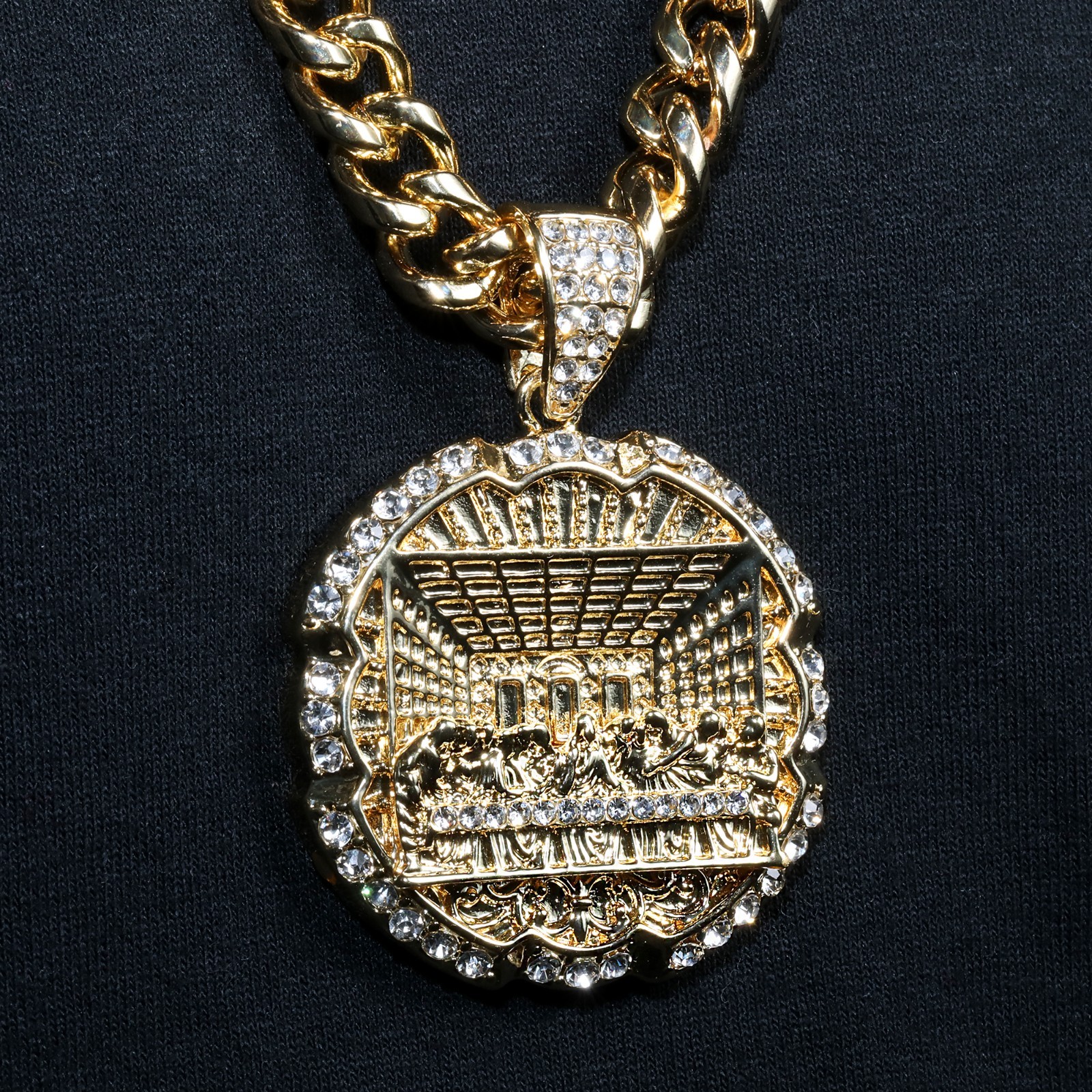 XL Last Supper Pendant Cubic Zirconia Iced Cuban Necklace Chain 14k Gold Plated