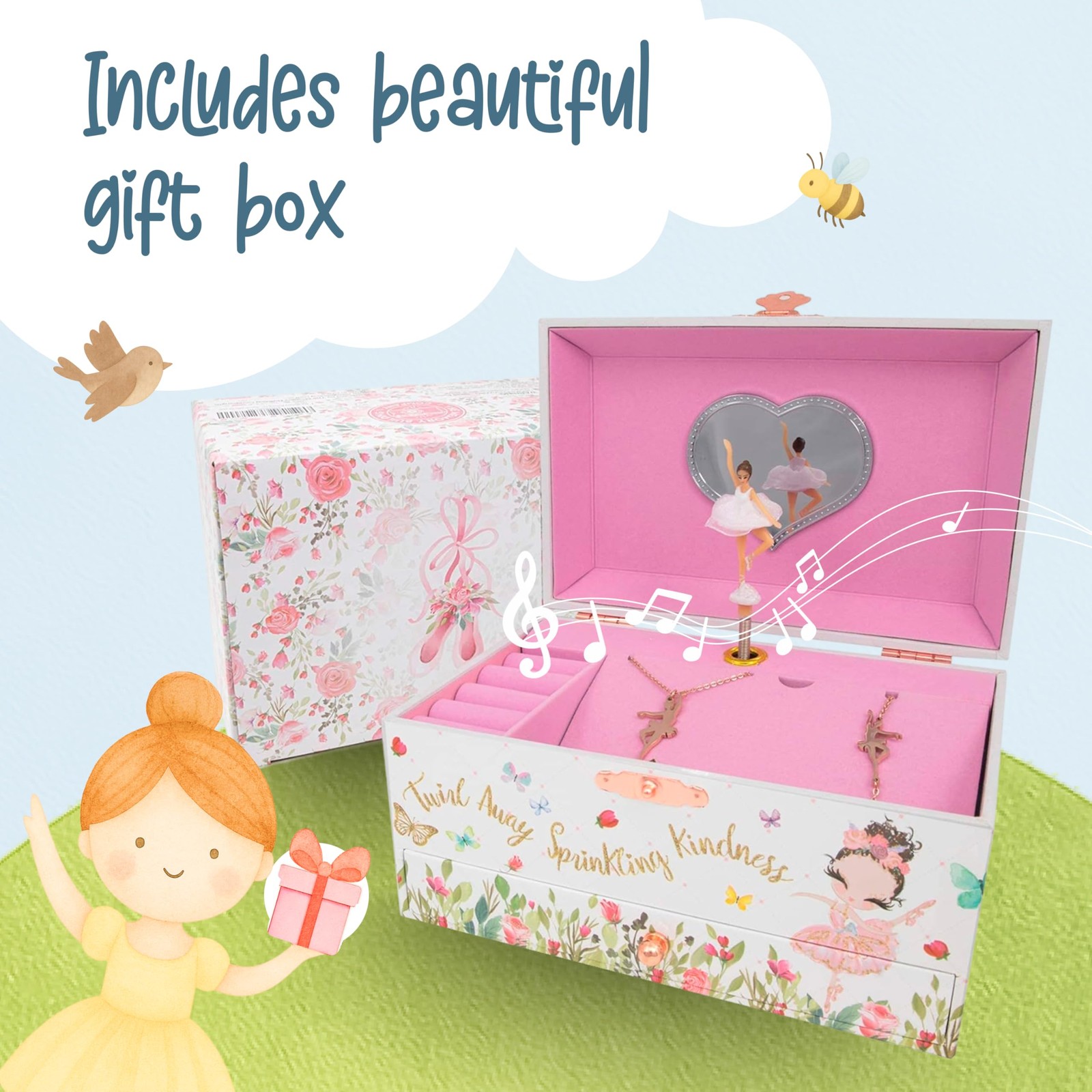 Ballerina Musical Jewelry Box with Storage Organizer for Kids Ages 6-12 MDF Wood