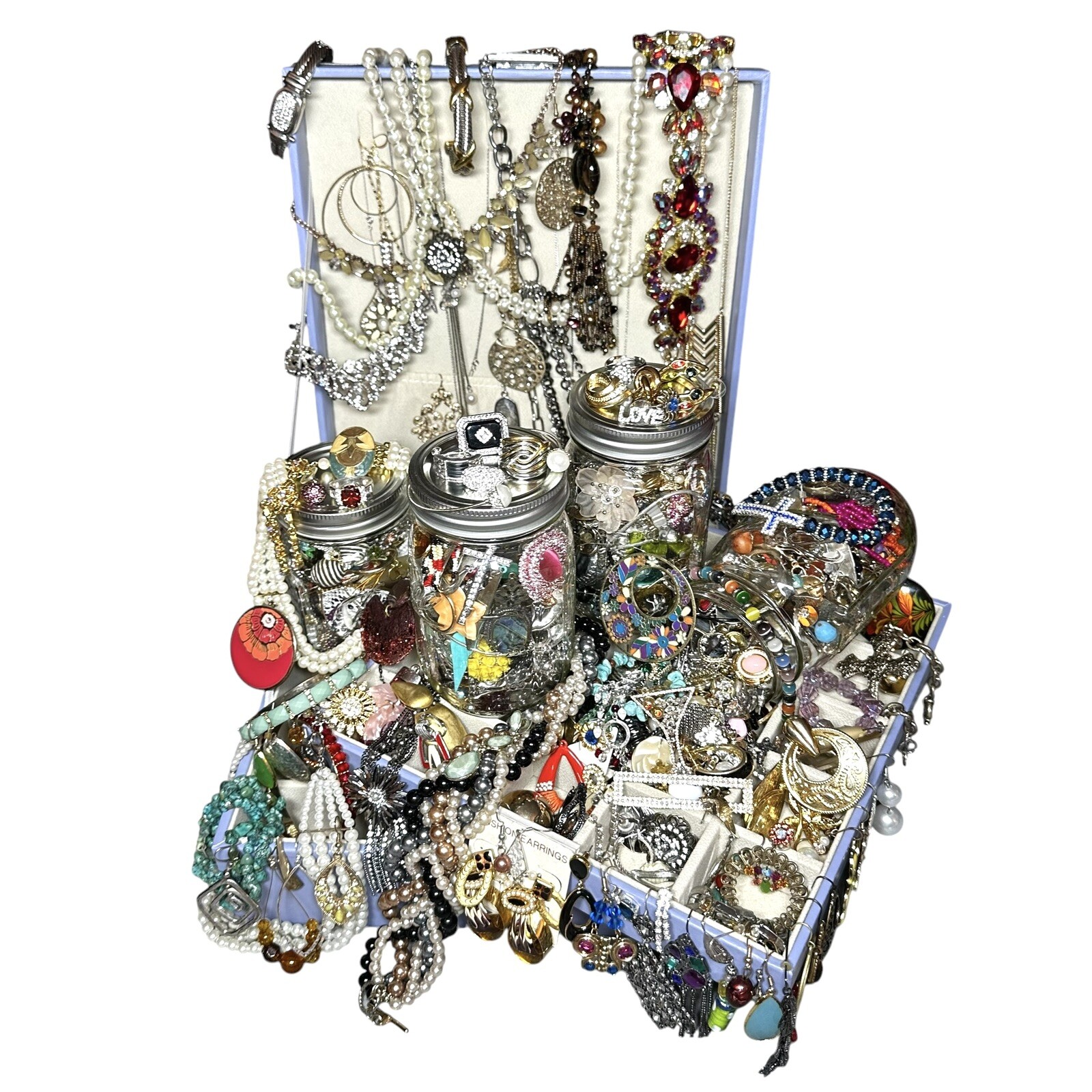 1+Lb Full (1) Ball Mason Jar Mystery Lot All Wearable Jewelry GUC Necklaces Etc.