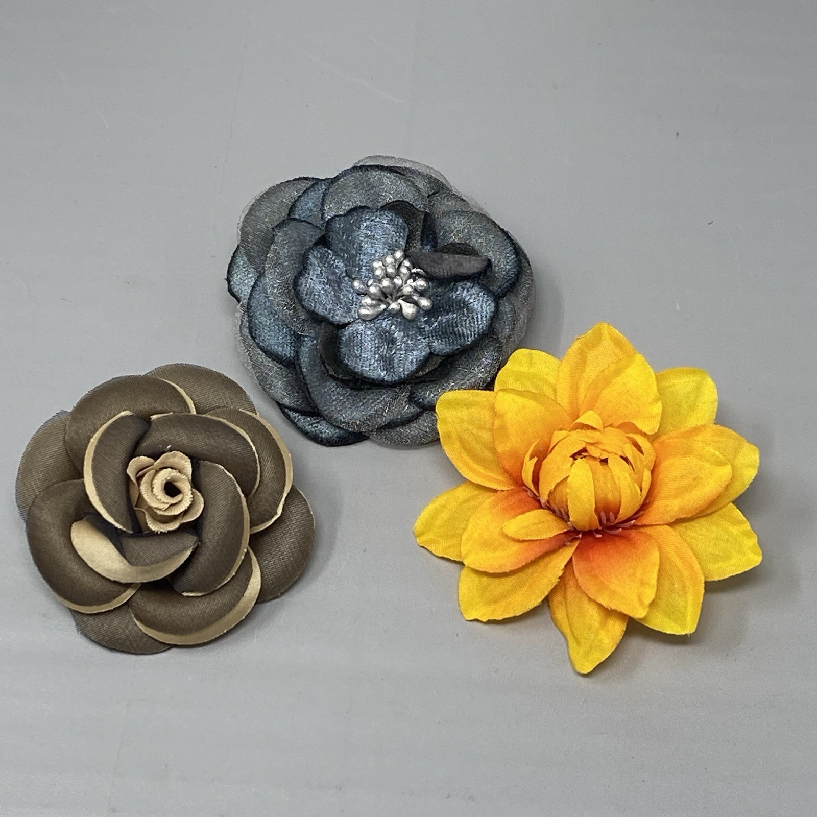 Vintage Silk Flower Brooch Pin Set of 3 Brown Yellow Blue Layered Large Retro