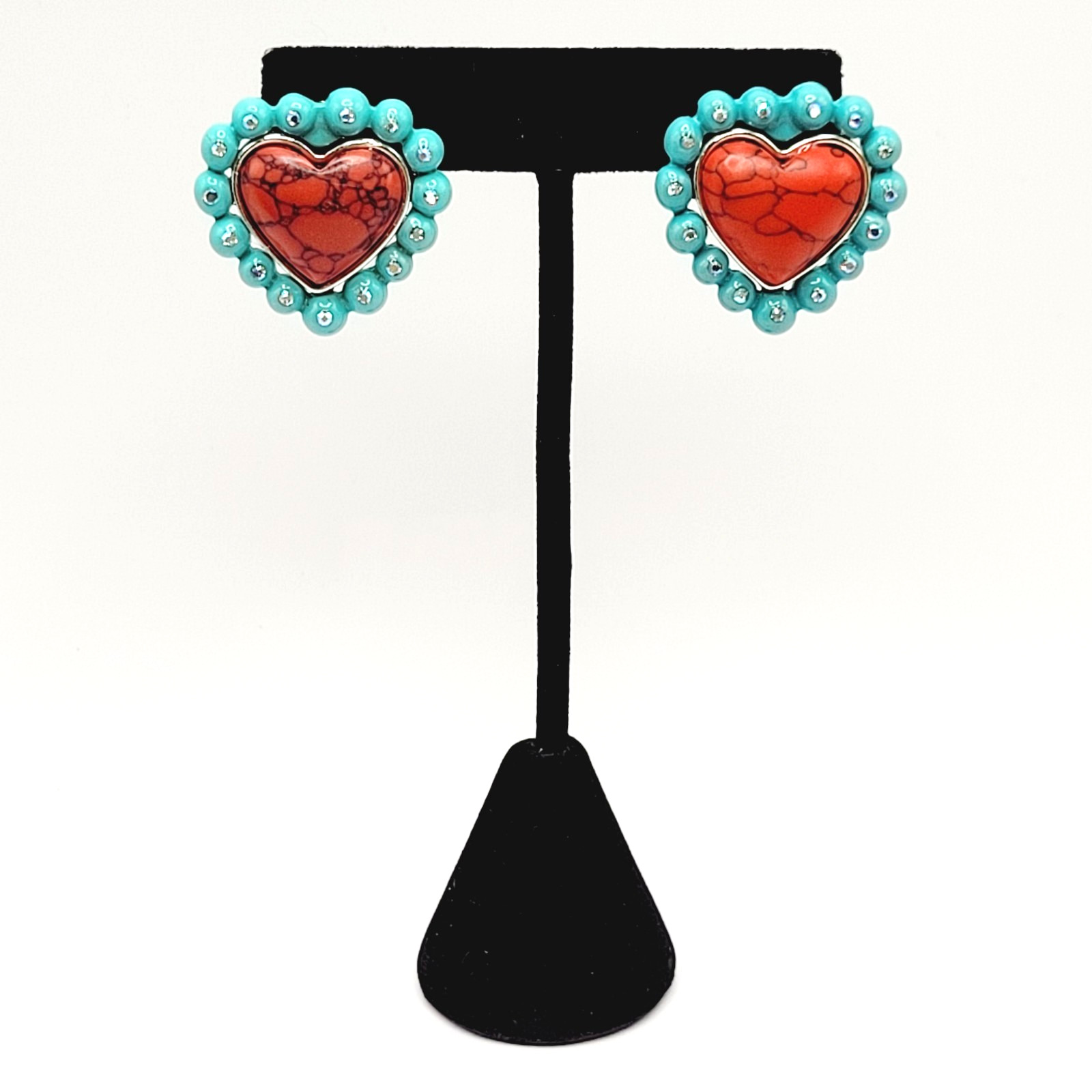 Southwest Style Red Stone Heart Shape Turquoise Color Frame Pierced Earrings