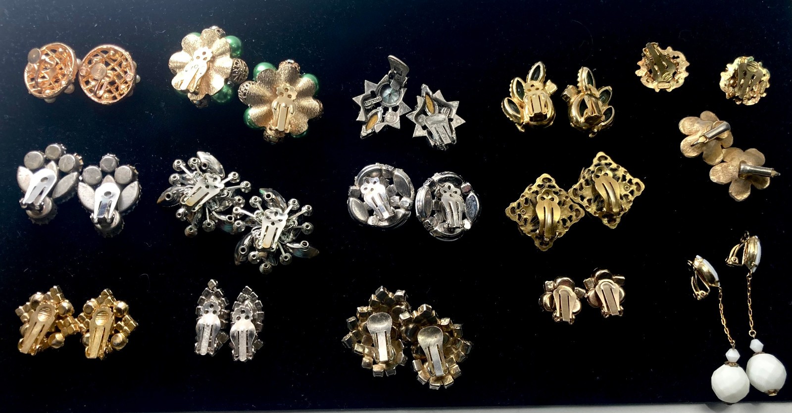 Lot of 15 Pair Vtg Rhinestone Clip On Earrings-Florenza Juliana Lewis Segal etc