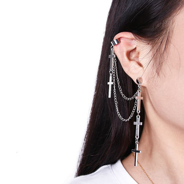 Gothic Punk Cuff Dangle Drop Cross Earrings-Long Chain Stud Tassel, Gift, Silver