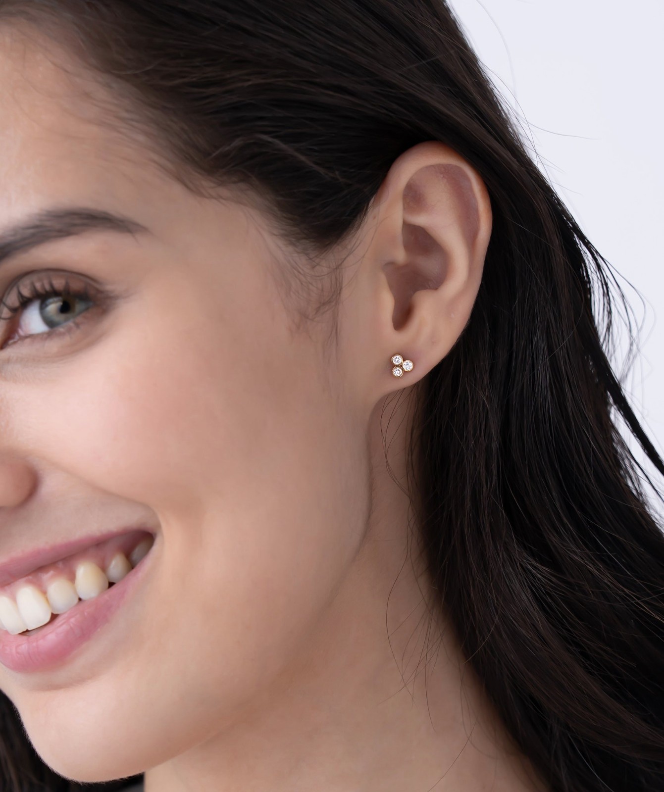 Round Cut Lab Grown Diamond 14K Solid Gold Dainty Trio Bezel Set Stud Earrings
