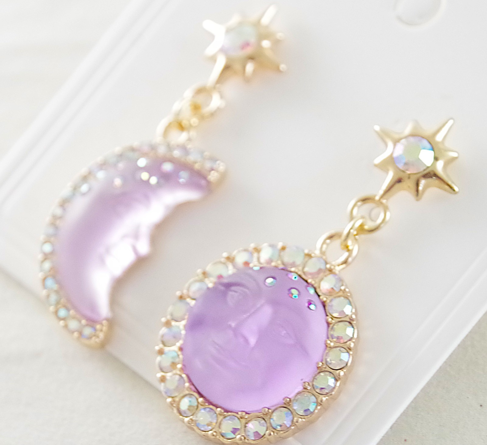 2″ KIRKS FOLLY PURPLE SEAVIEW MOON FACE CRYSTAL RHINESTONE DROP DANGLE EARRINGS