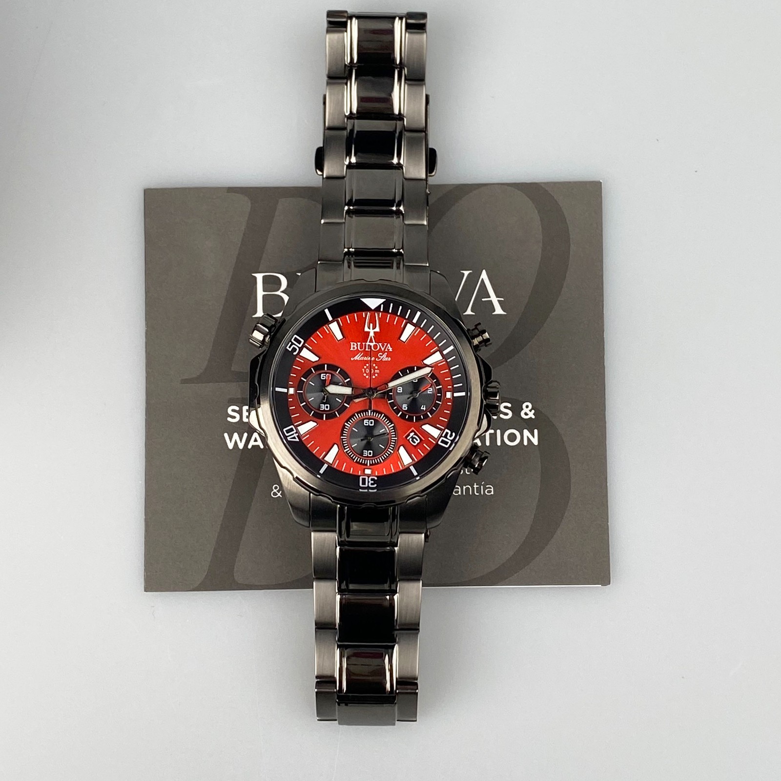 New Bulova 43 mm Marine Star Red Dial Men’s Quartz Chronograph Watch 98B350