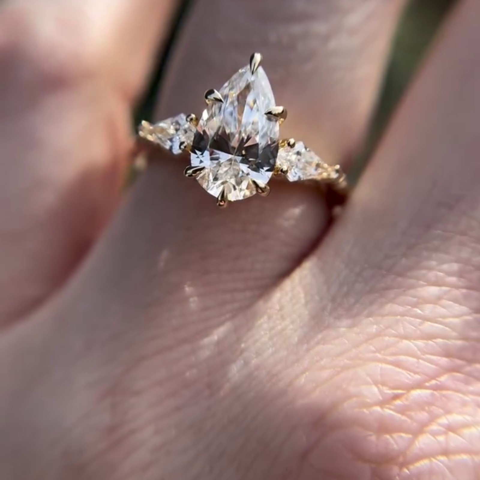Floral 3 CT Pear Three Stone Moissanite Side Stone Kite 14K Yellow Gold Plated