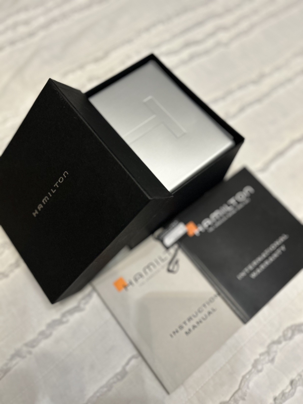 Hamilton Silver Metal Watch Box Set Inner & Outer Boxes & Booklet Included! MINT