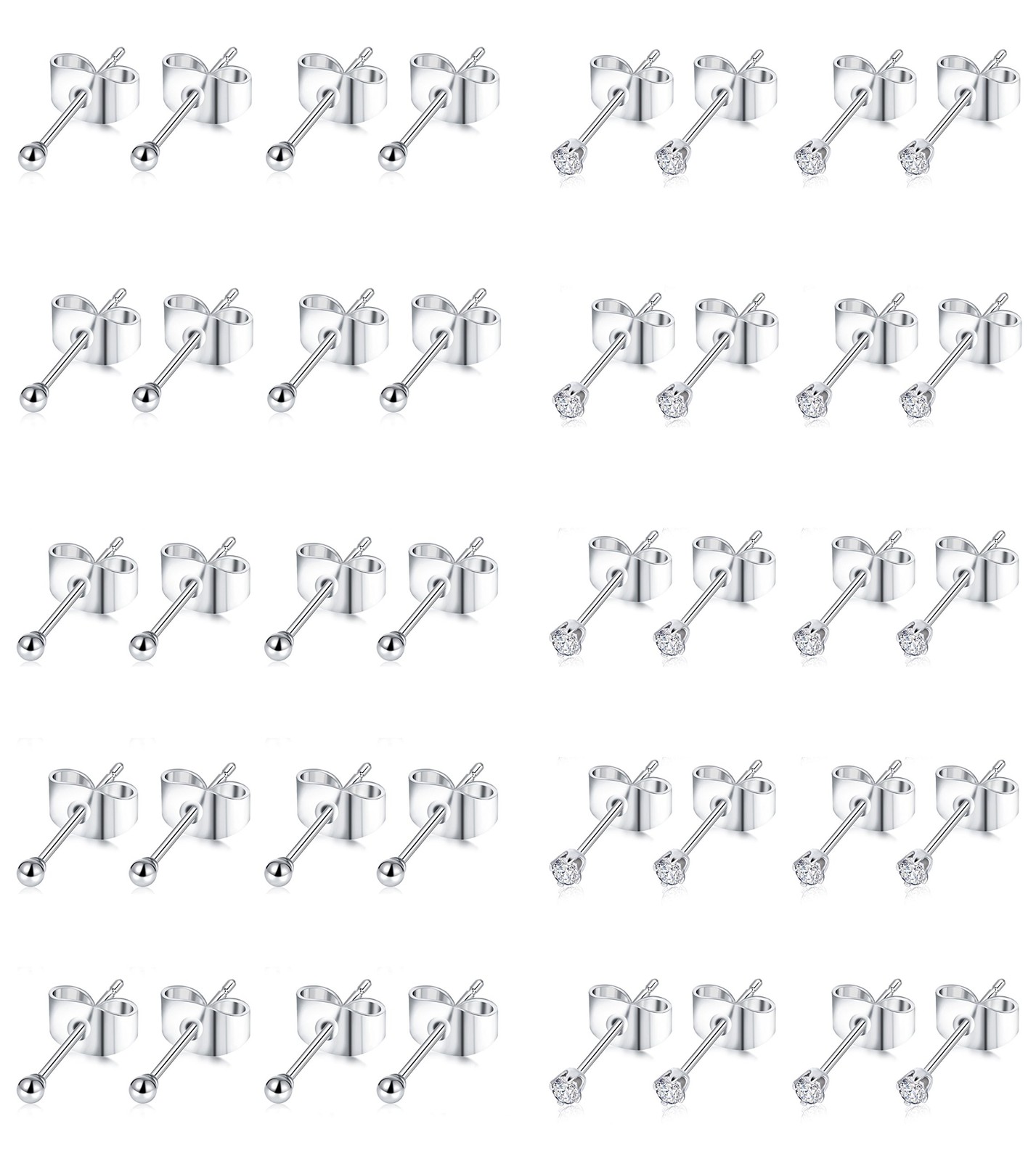 20 Pairs 20G 2mm Tiny Stud Earrings 316L Stainless Steel Small CZ Ball Earrin…