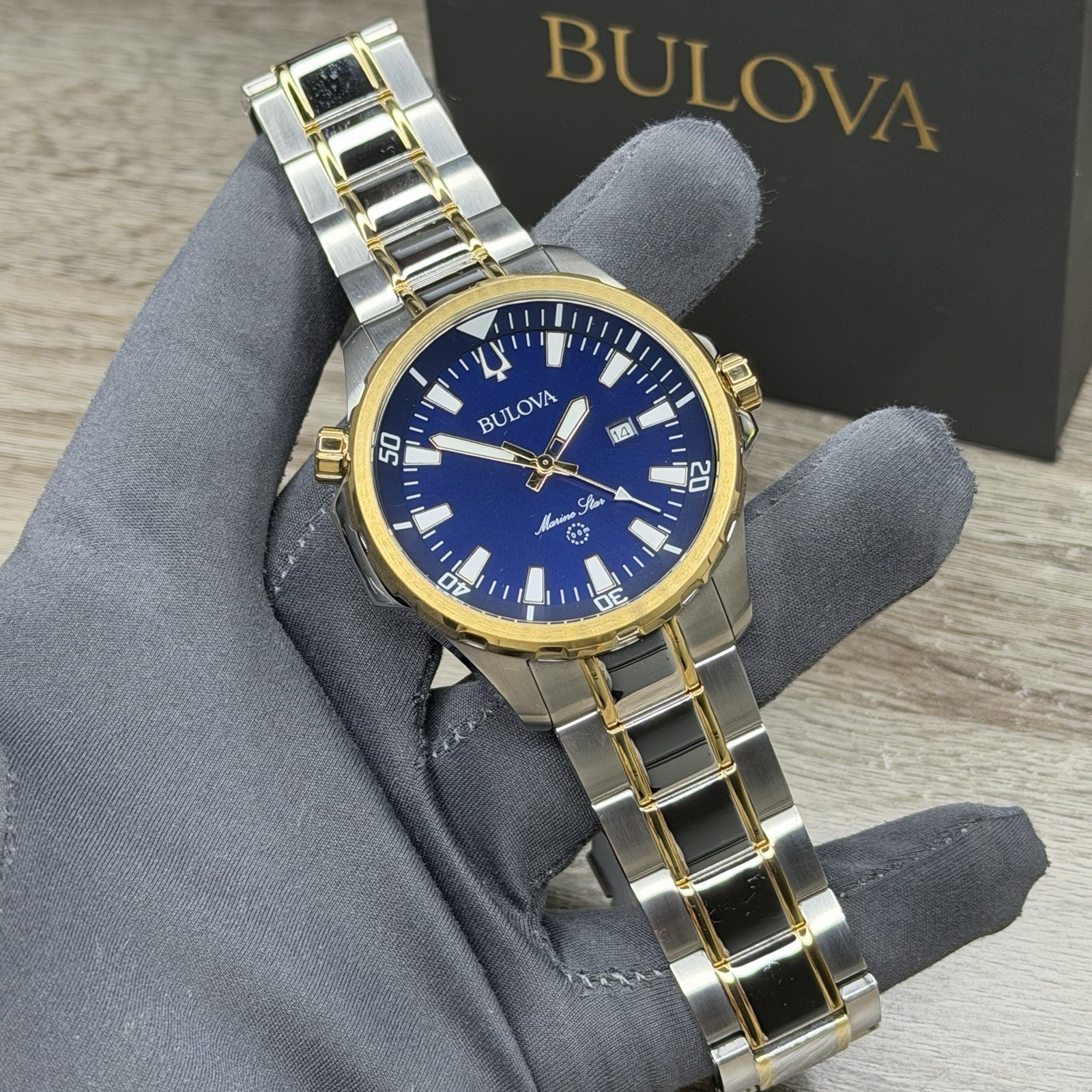 SPORT✅ Bulova Marine Star Blue Dial Calendar Two-Tone Men’s Watch 43mm 98B384