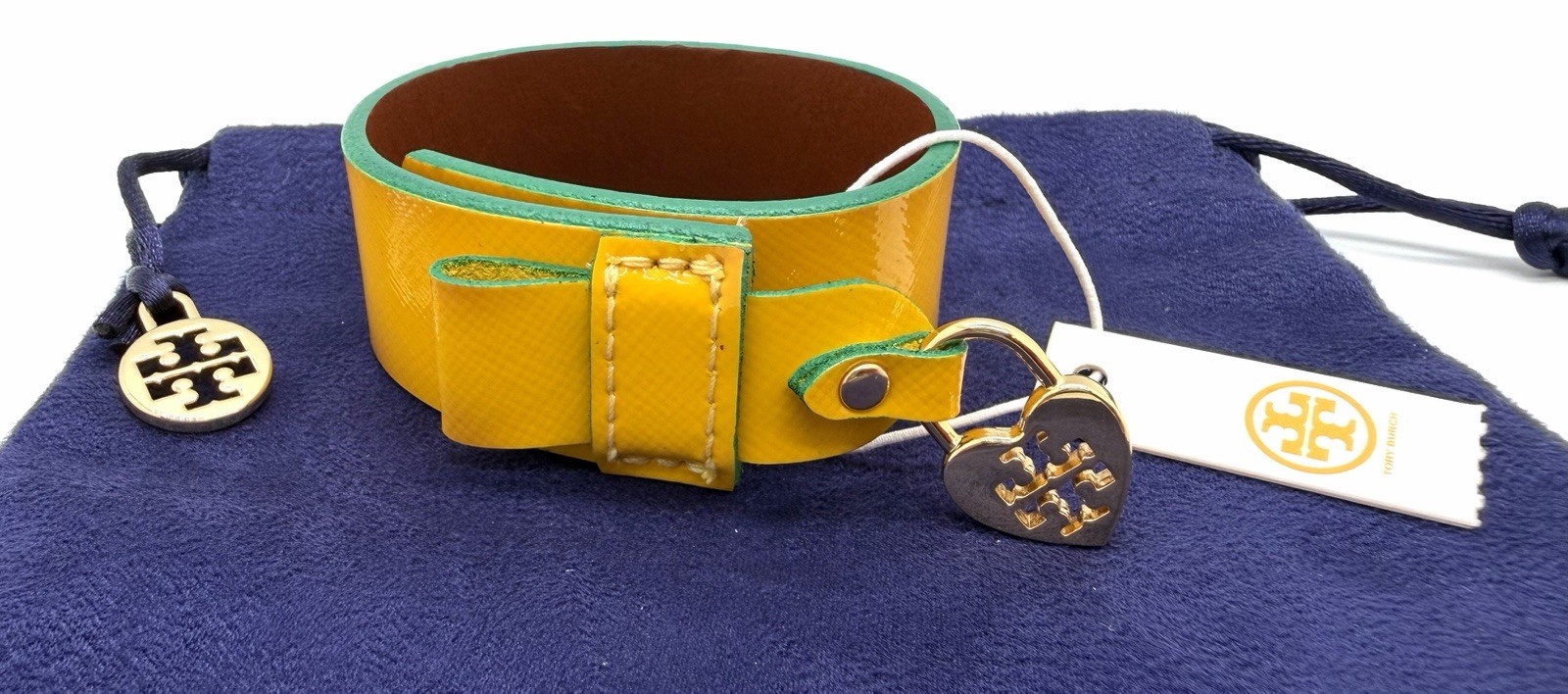 TORY BURCH Alden Cuff Patent leather Mustard Yellow Green Teal NWT