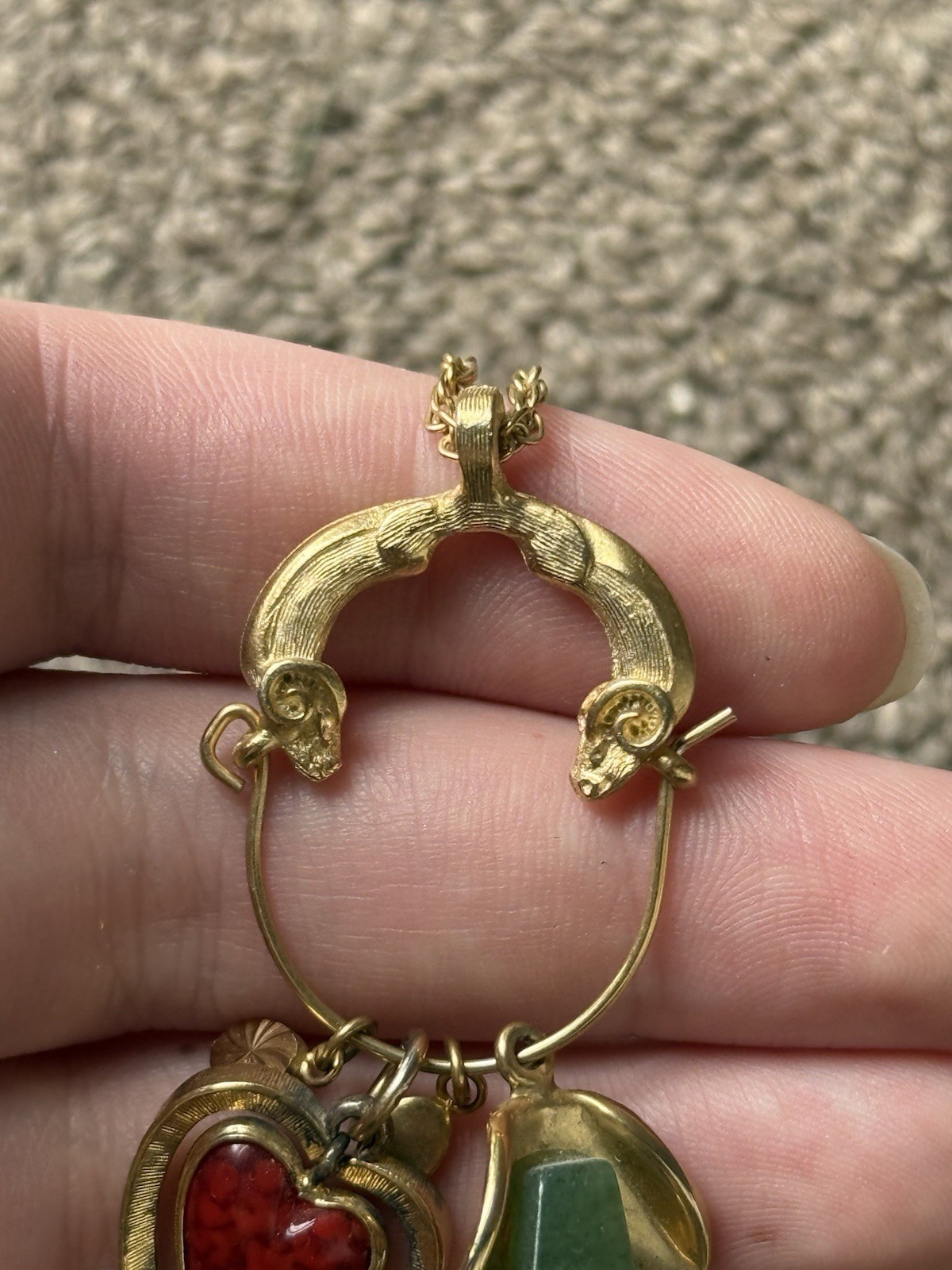 Vintage 1970s 80s Gold Played Charm Necklace – Ram Heads Heart Charms