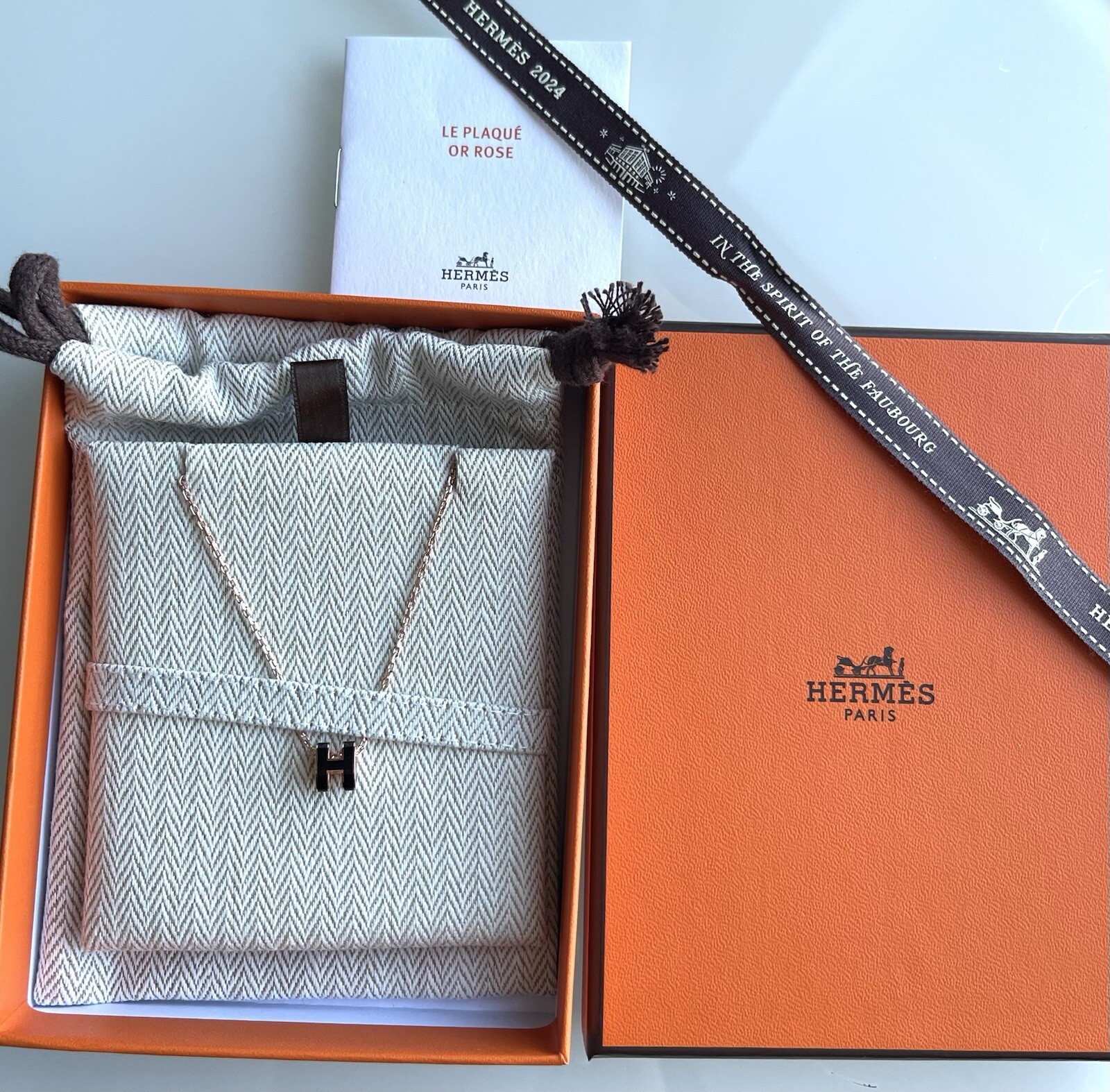 New HERMES Mini Pop H Pendant Necklace Noir Black w Rose Gold Hardware RGHW