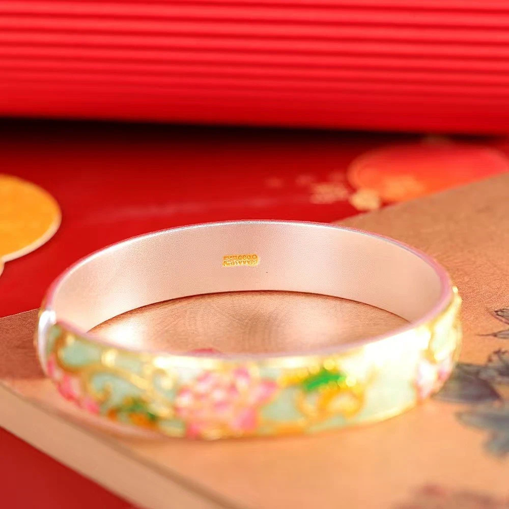 Solid S999 Fine Silver Bracelet Enamel Lotus Flower Bangle 60-61g ID:60mm