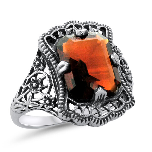 VINTAGE STYLE 925 STERLING SILVER SIMULATED GARNET FILIGREE RING 1191X