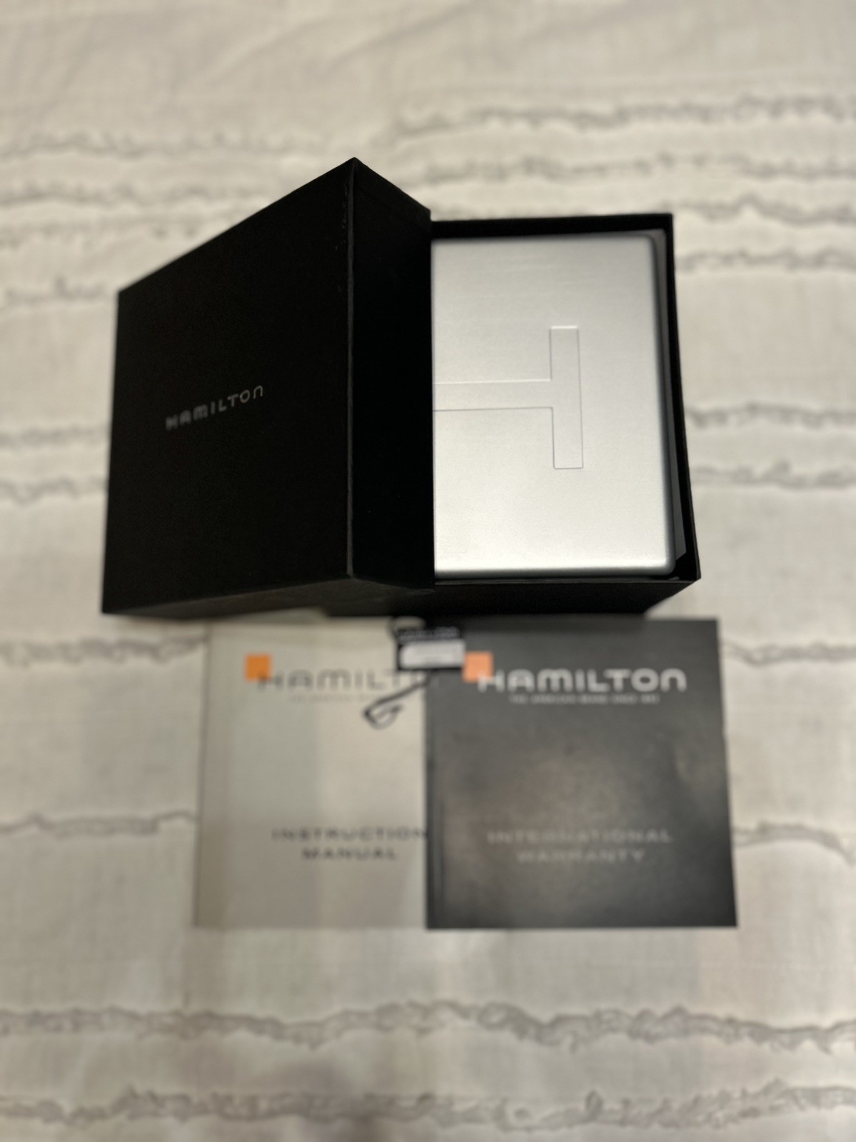 Hamilton Silver Metal Watch Box Set Inner & Outer Boxes & Booklet Included! MINT
