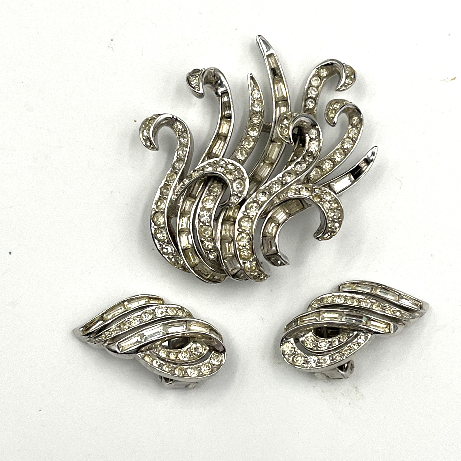 Vintage Marcel Boucher Art Deco Style Baguette Rhinestone Brooch & Clip Earrings