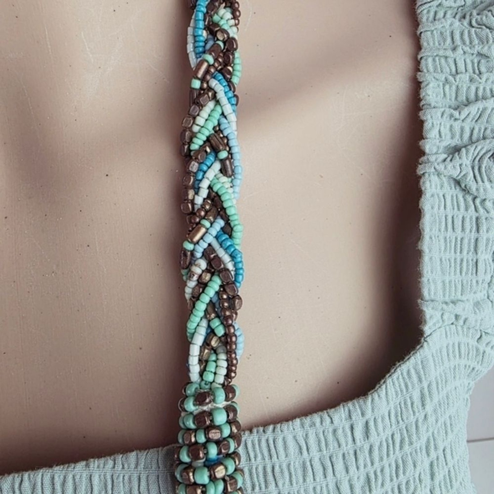 Multicolor Beaded Braided Necklace Boho Layered Blue Turquoise Brown Green Tan