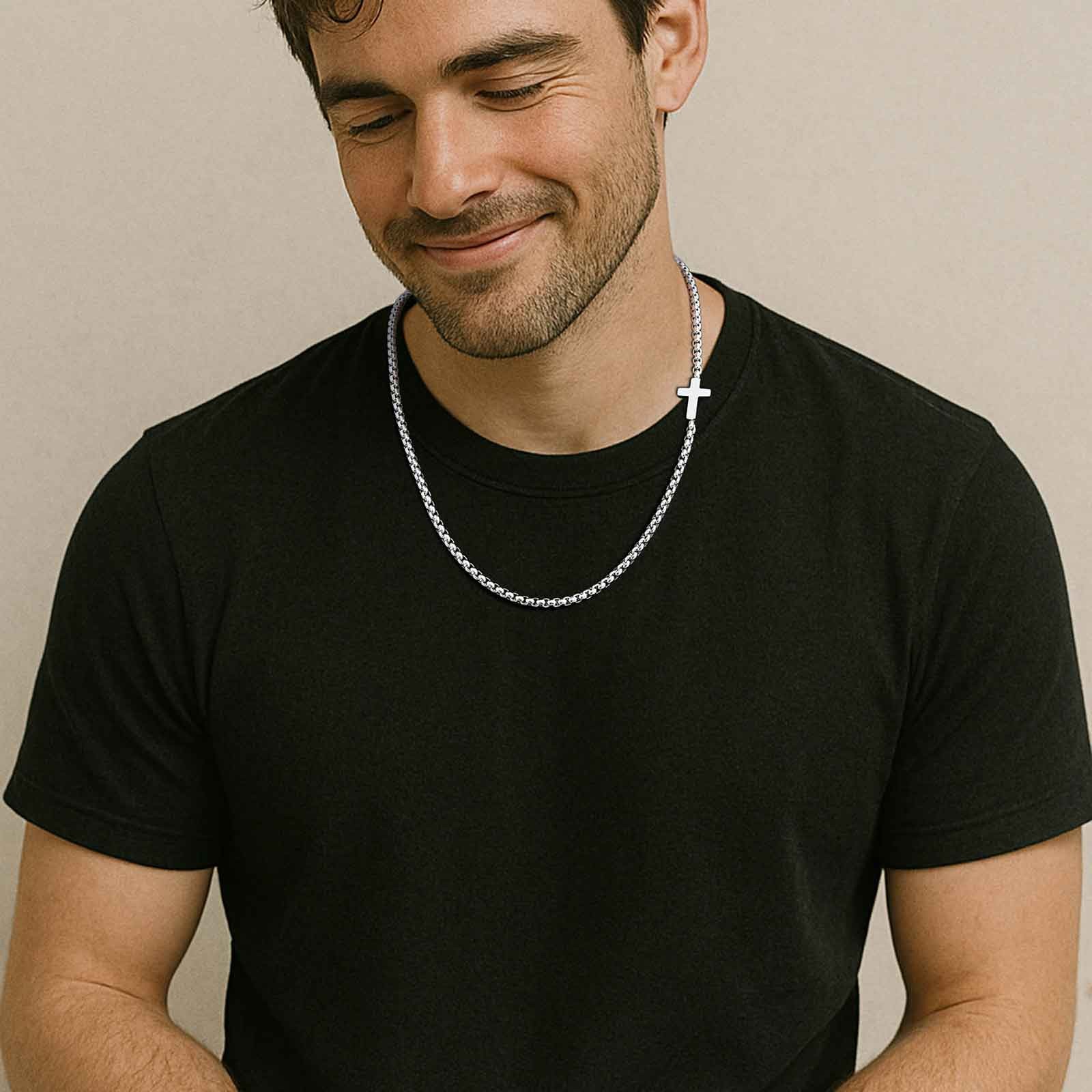 Stainless steel Square Pearl Chain CrossNecklace for Men 20″ 50cm Religious