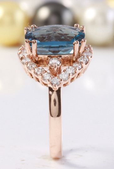 6.80 Carat Natural London Blue Topaz and Diamonds in 14K Solid Rose Gold Ring
