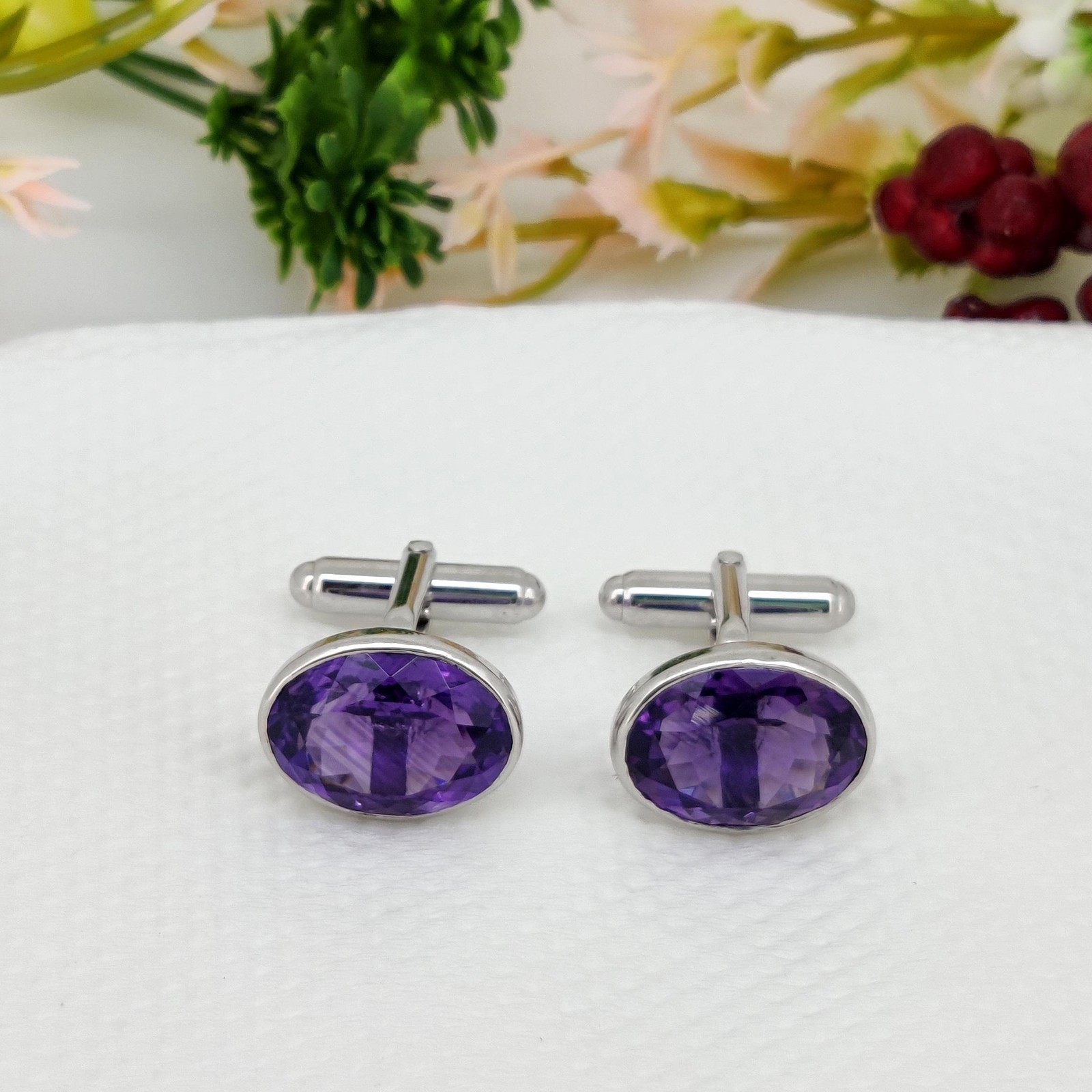 Natural Amethyst Silver Cuff Links for Men 12×16 mm Oval Gemstone Cuffs for him