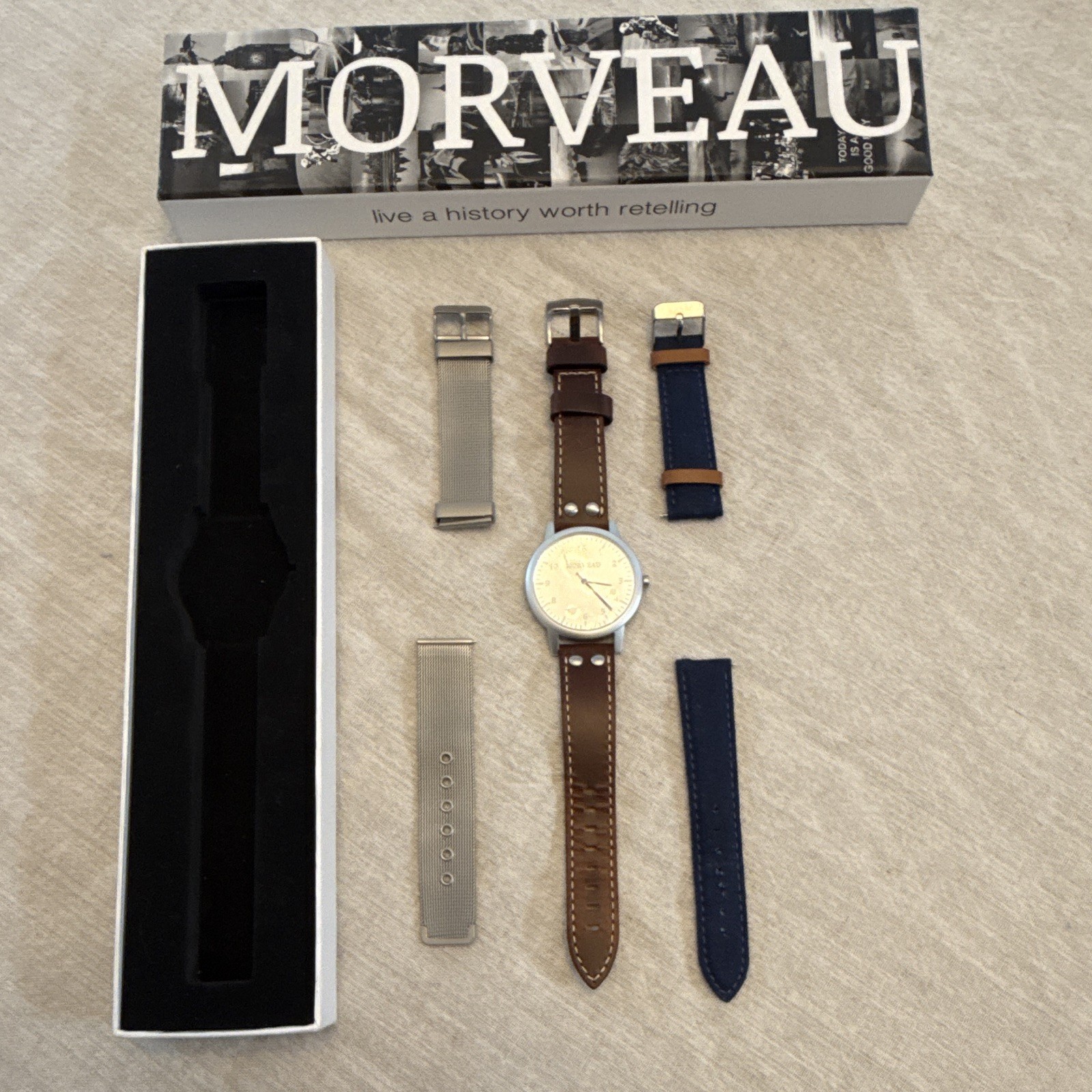 MORVEAU Founder Quartz Analog Watch Cream Dial Arabic Numerals Brown 20mm Box