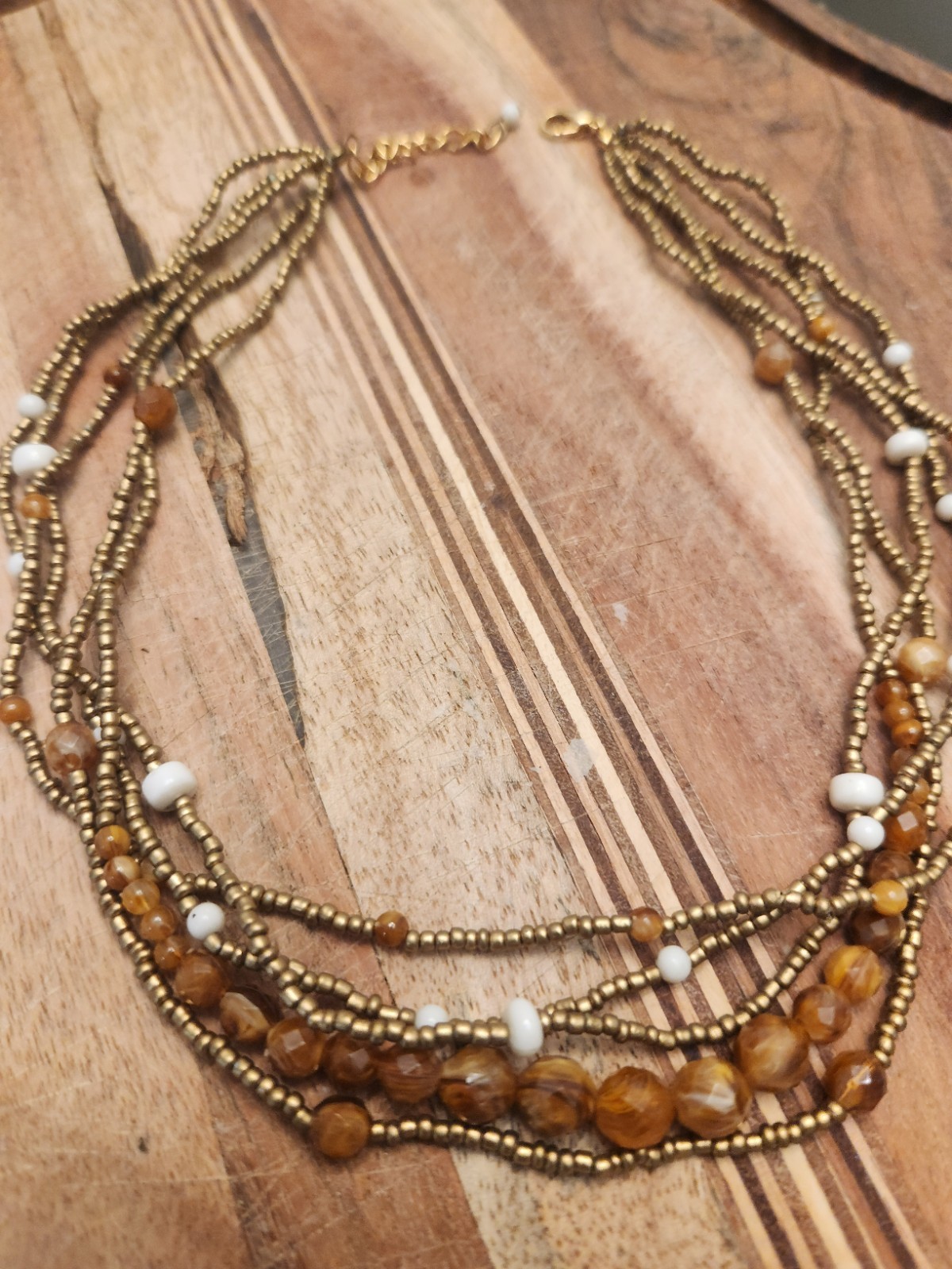 Multi-Strand Gold-Tone Beaded Necklace Brown White Adjustable Lobster Boho