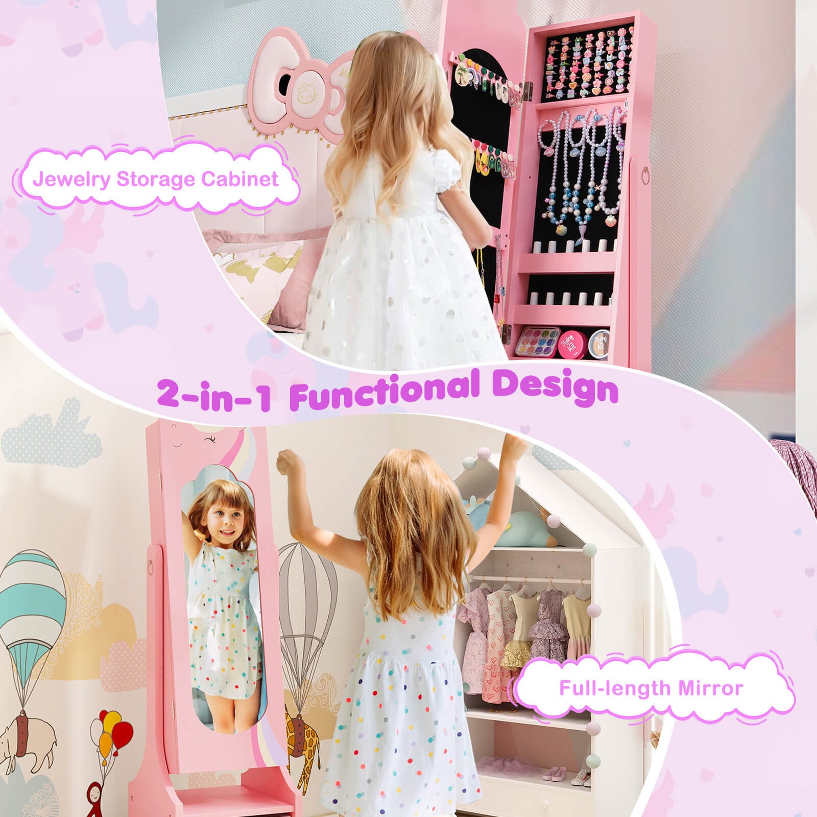 Kids Vanity Set Princess Makeup Dressing Table & Chair Set w/Kids Jewelry