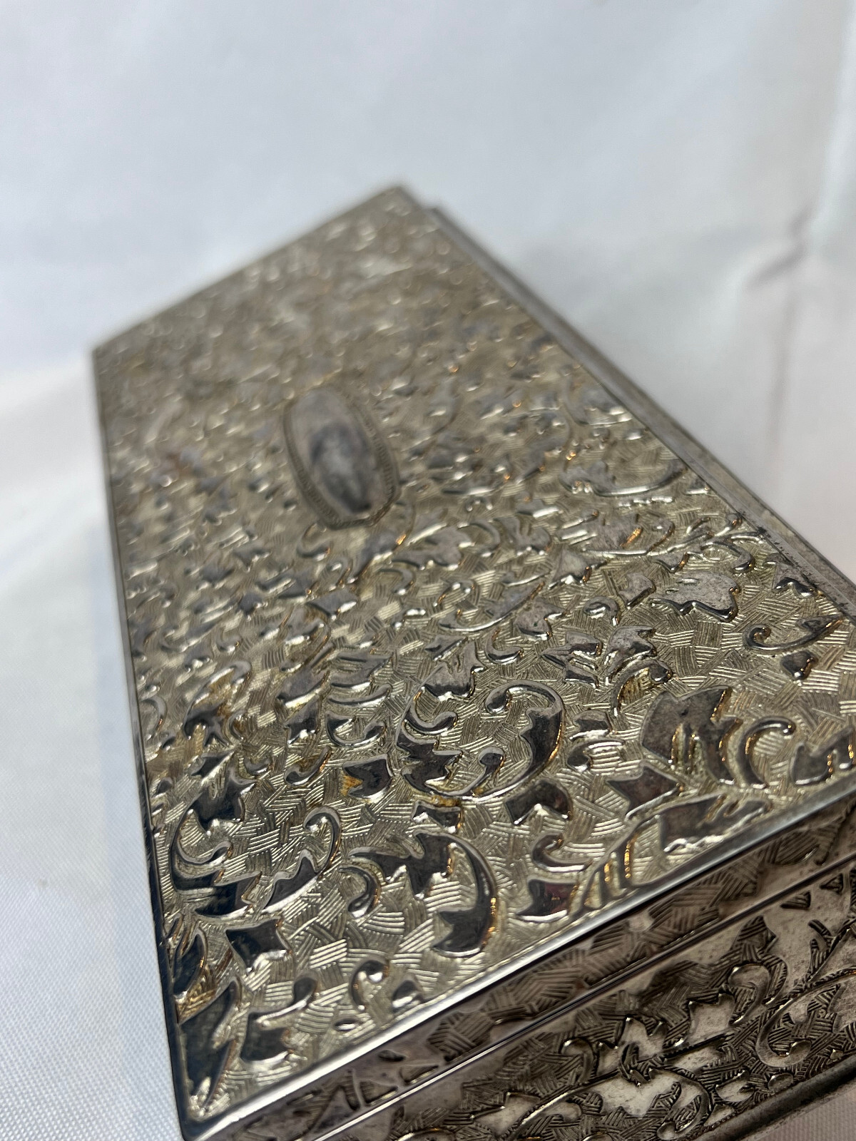 Vtg Silver Tone Jewelry Box Mirrored Dresser Vanity Table Top Lined Case