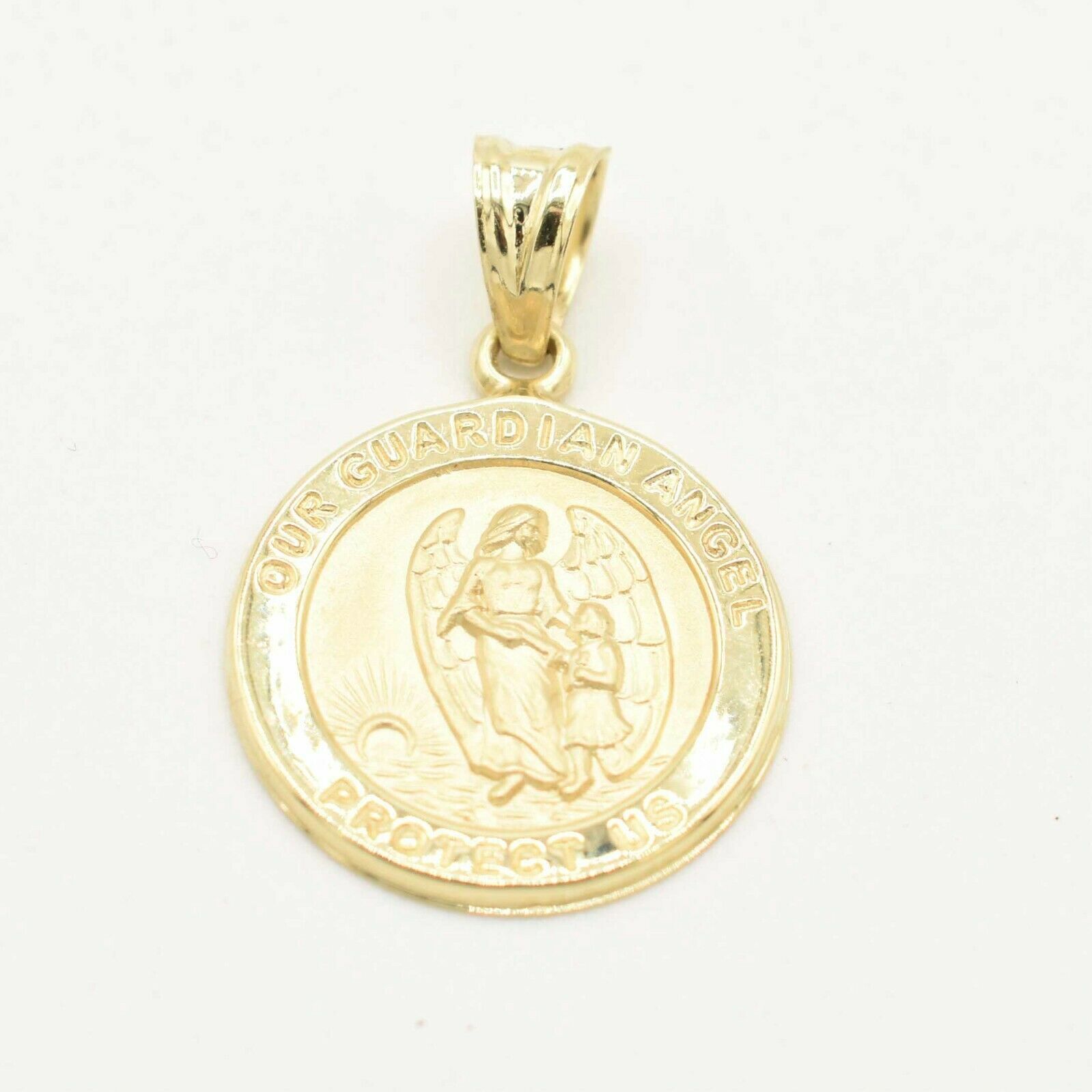 1″ Textured Guardian Angel Medallion Pendant Real 10K Yellow Gold