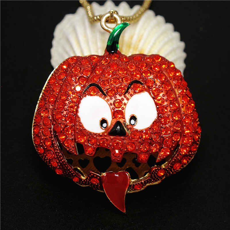 New Orange Crystal Halloween Big Pumpkin Fashion Women Sweater Chain Necklace