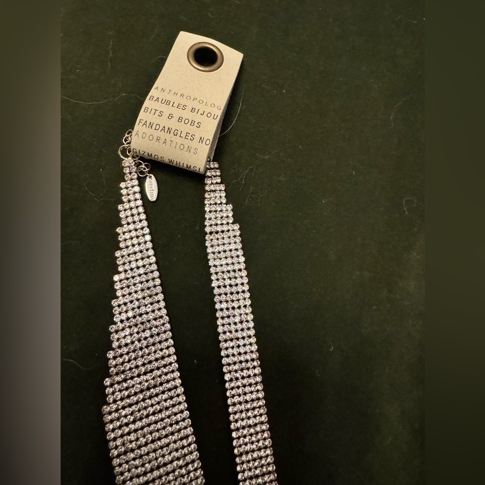Anthropologie Silver Rhinestone Fringe Statement Necklace NWOT
