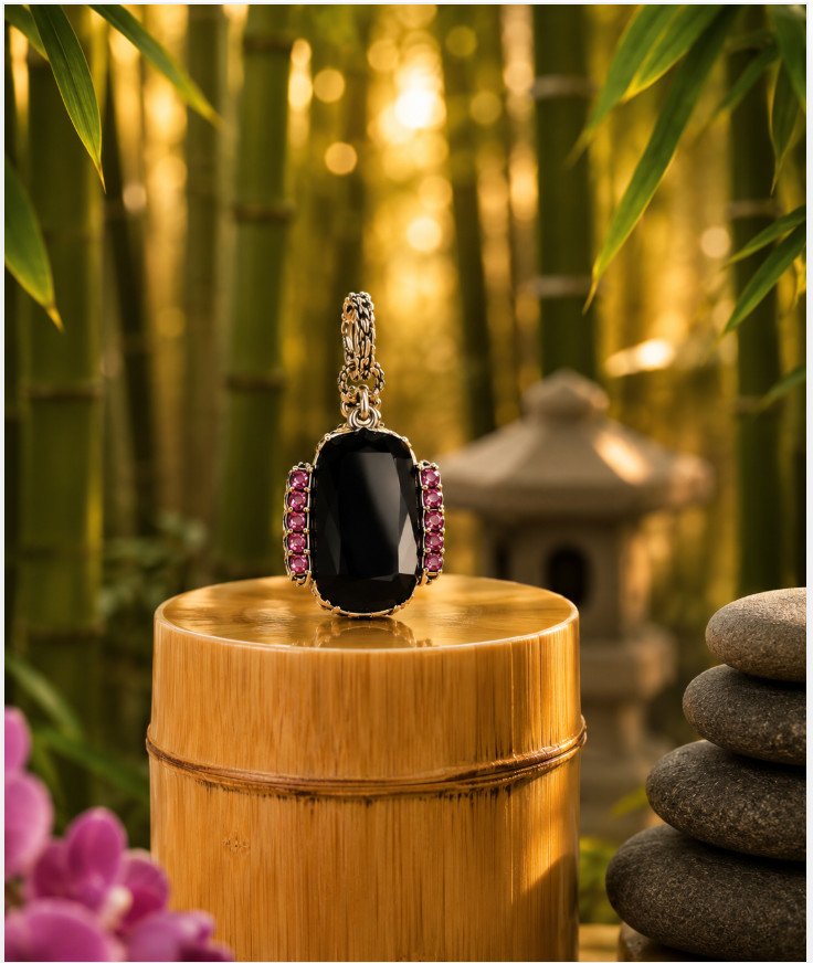 Barbara Bixby Black Onyx Cushion Cabochon Rhodolite Garnet Enhancer 925 18K NIB