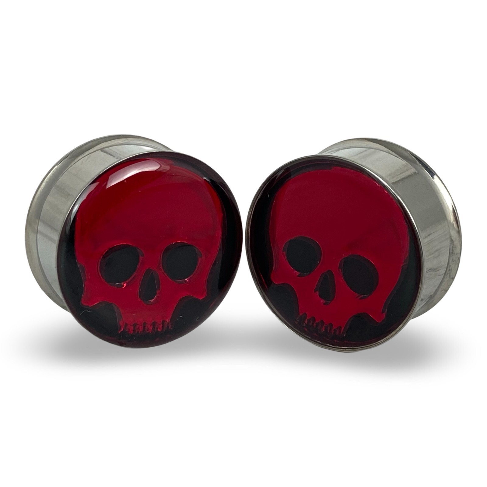 Pair of Embedded Red Chrome Skull Double Flare Plugs gauges tunnels