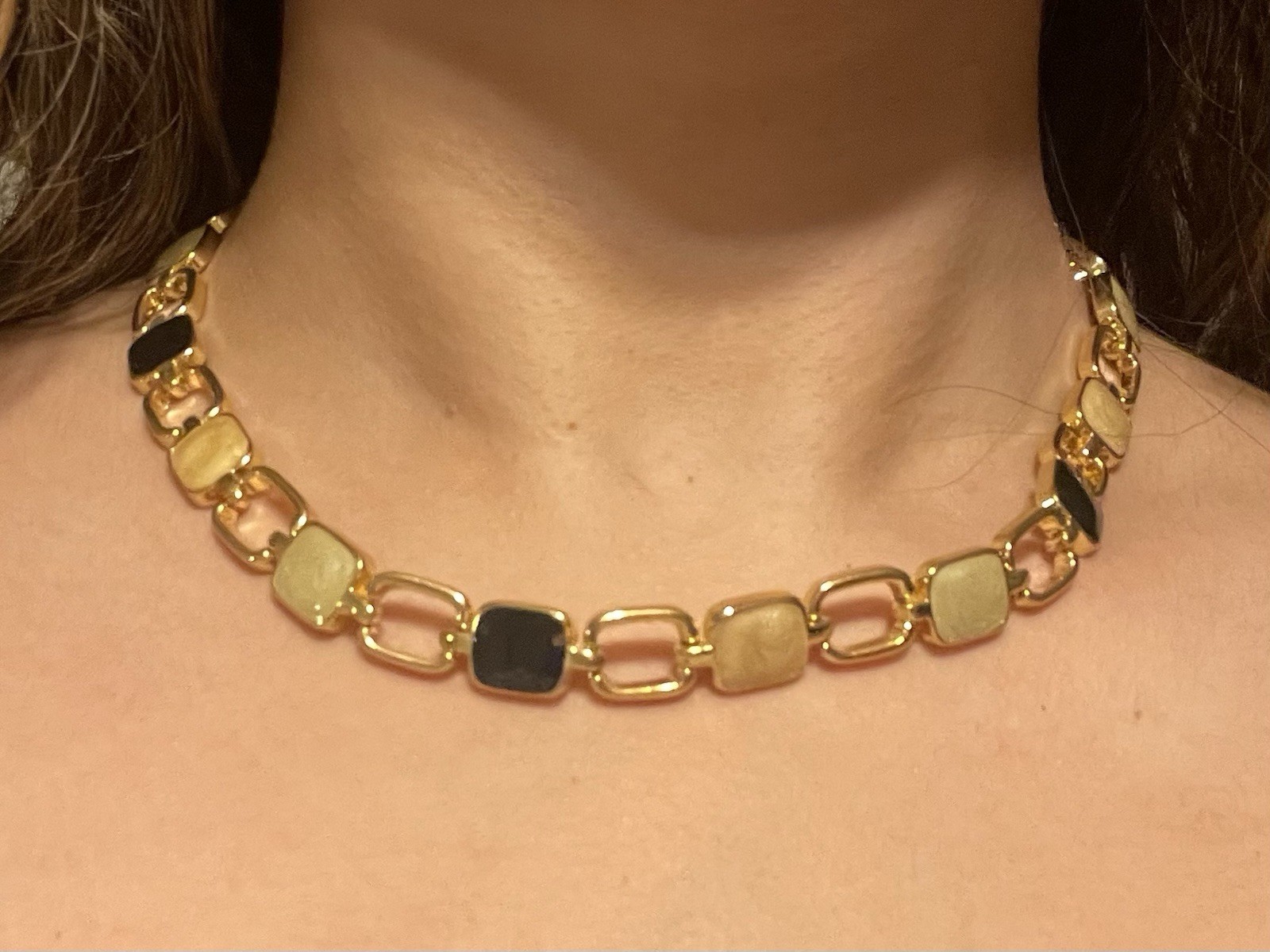 Vintage Kenneth Cole Gold Tone Bar Link Chain Necklace Black & Cream Square Link