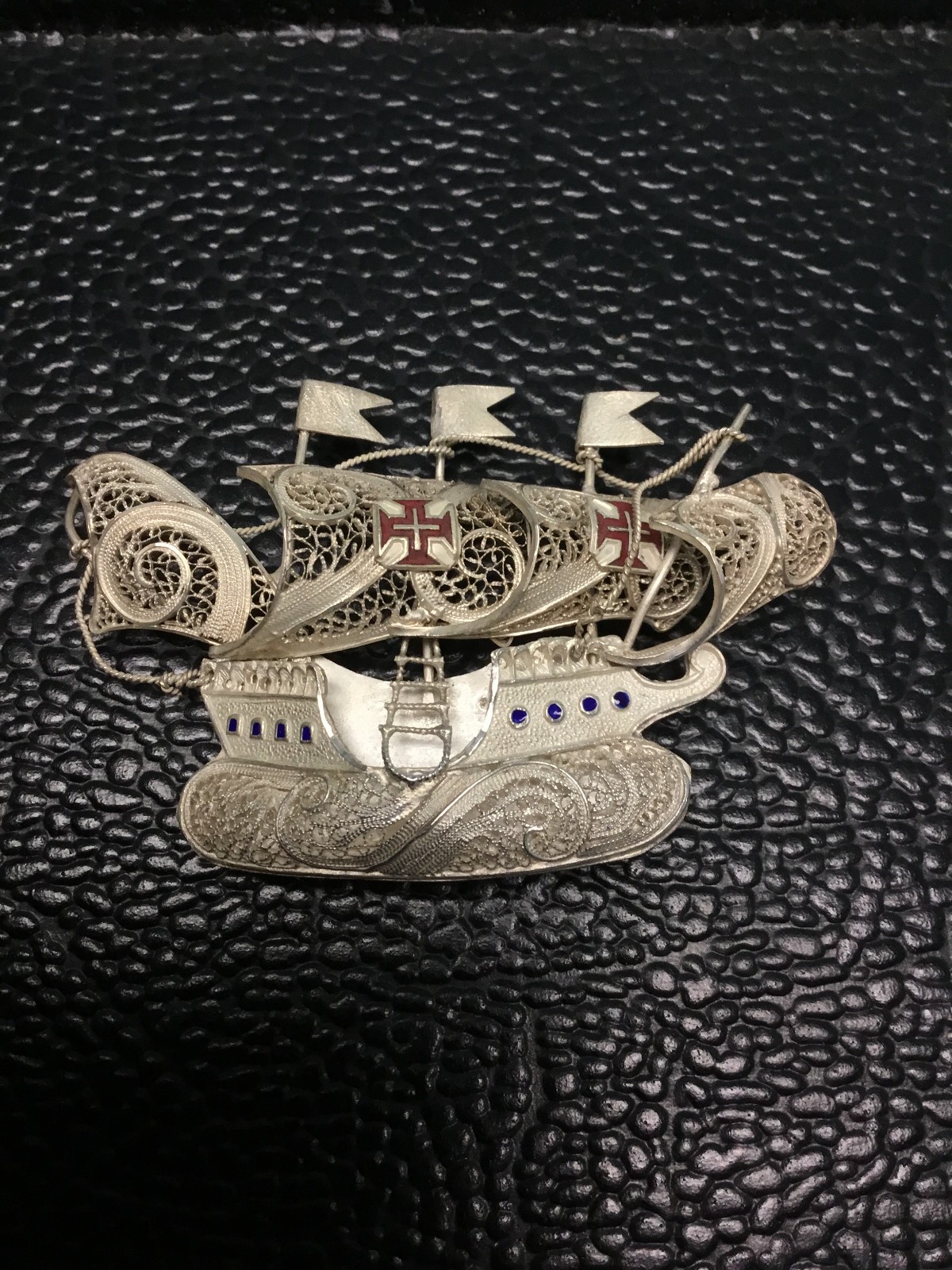 Vintage Topazio Sterling Sailing Ship Brooch Pin w/Enamal Flags,Windows