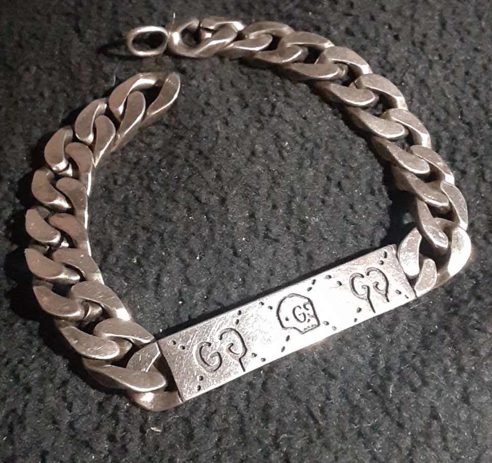 Authentic 925 Sterling Silver Gucci Ghost Bar ID Curb Link Bracelet 1382 FJ