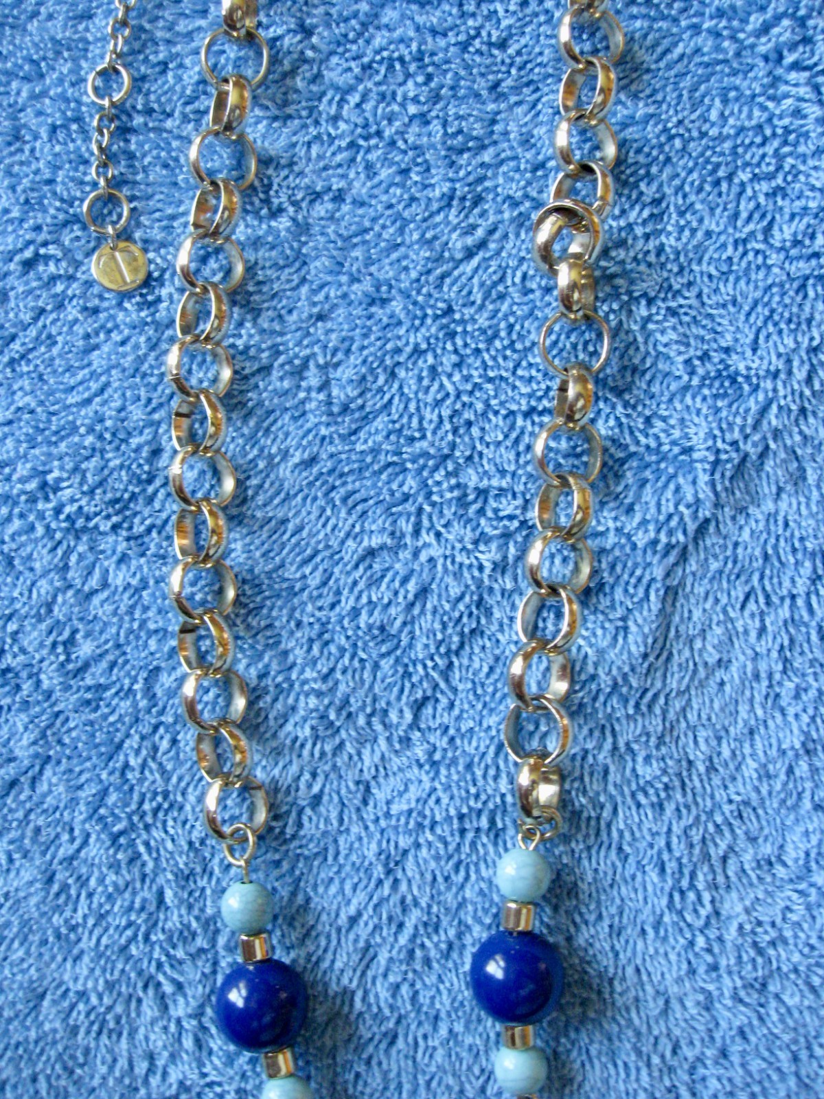 Chain & Beaded Orange & Blues Necklace “T” Logo 19″ Drop w/Metal Tassel Lobster
